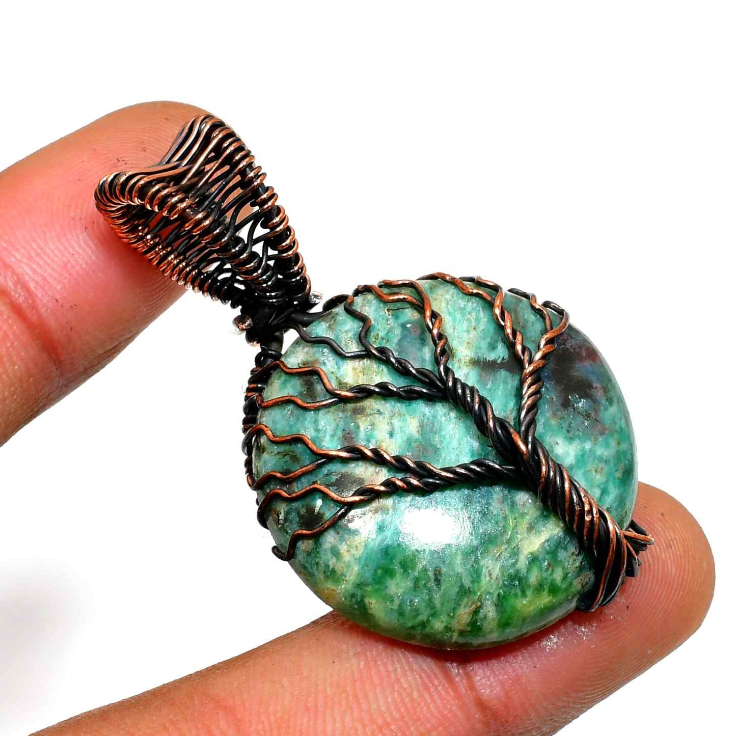 Gaia’s Embrace – Copper-Wrapped Green Tree of Life Pendant