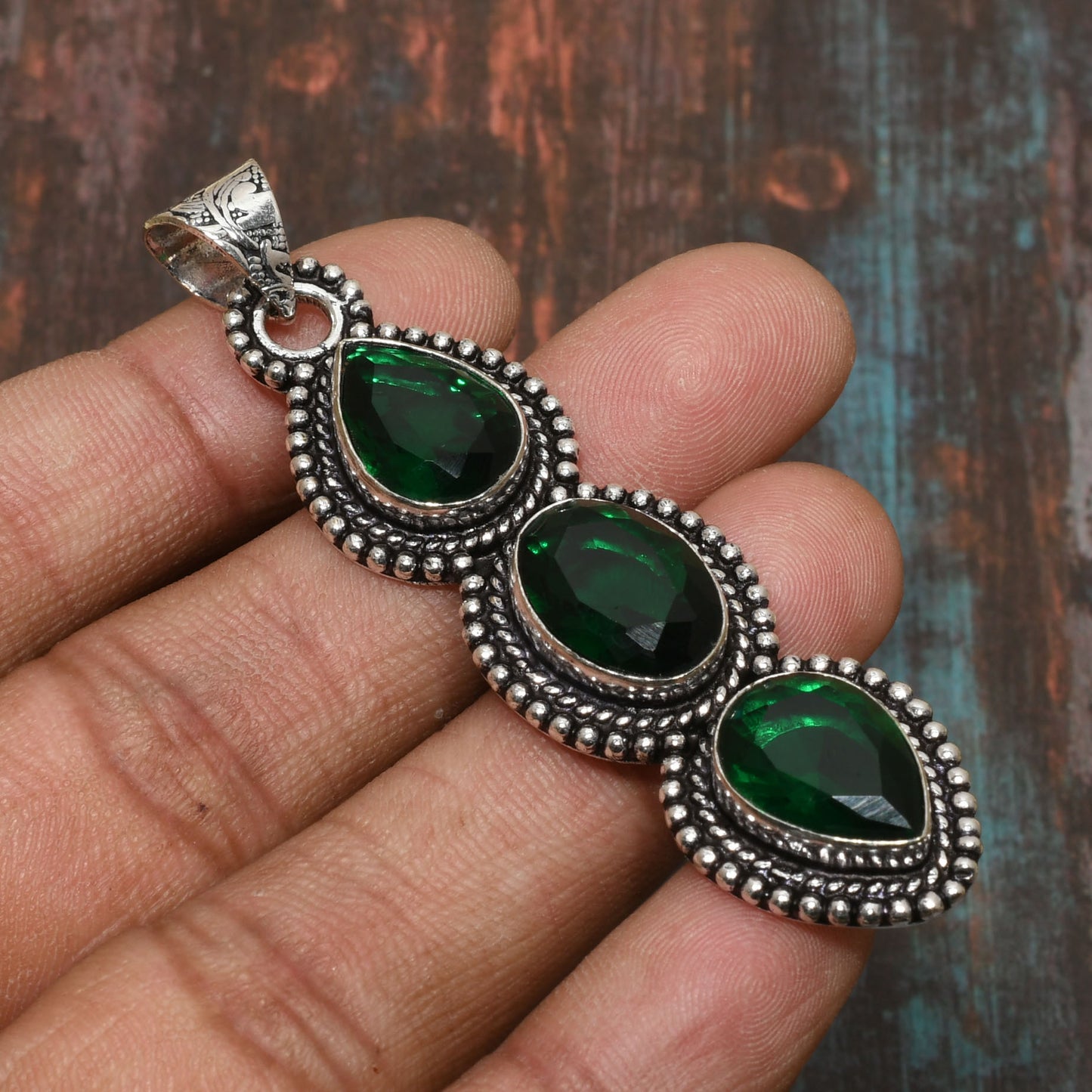 Emerald Grace – Triple Gemstone Silver Pendant