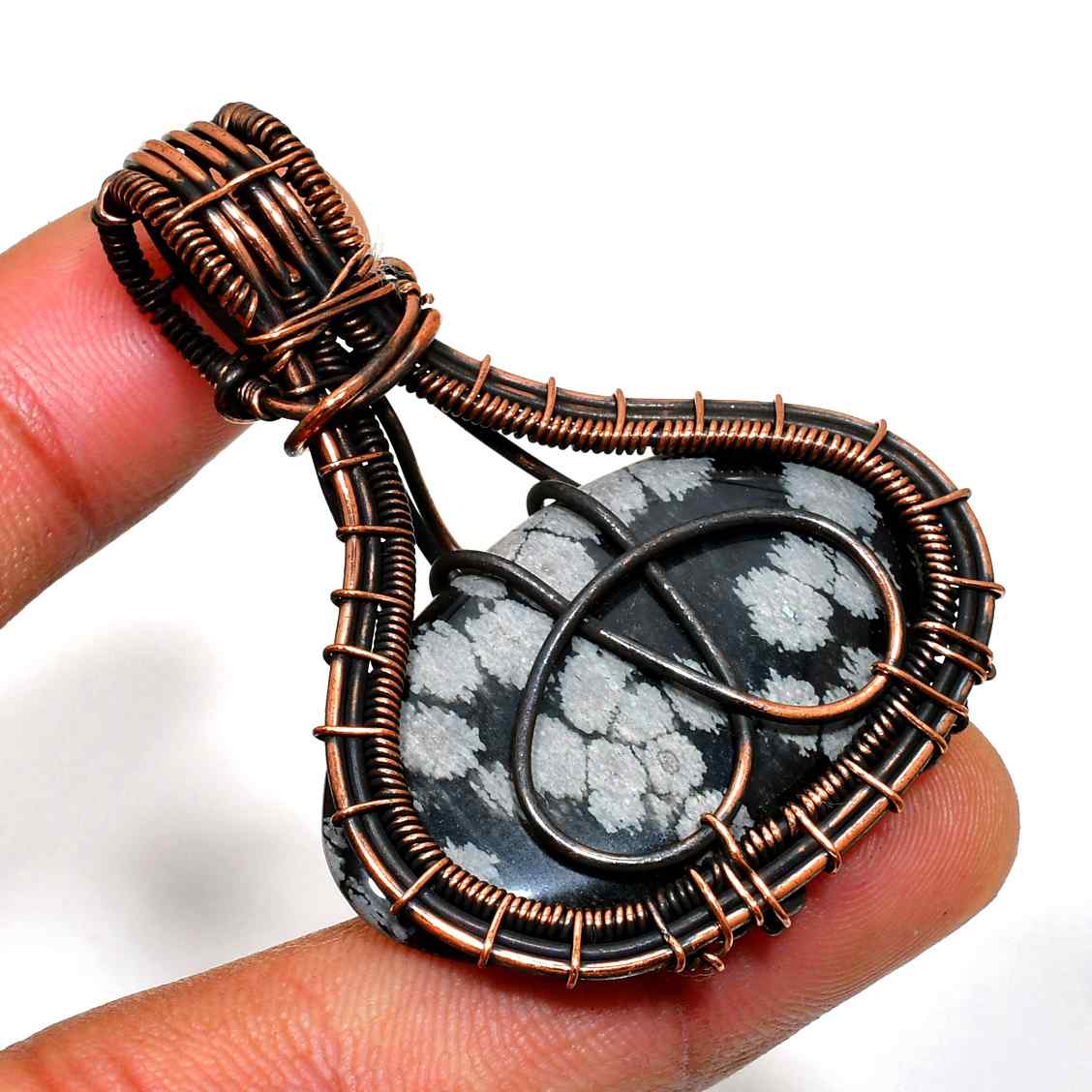 Midnight Frost – Black Snowflake Obsidian Copper Pendant