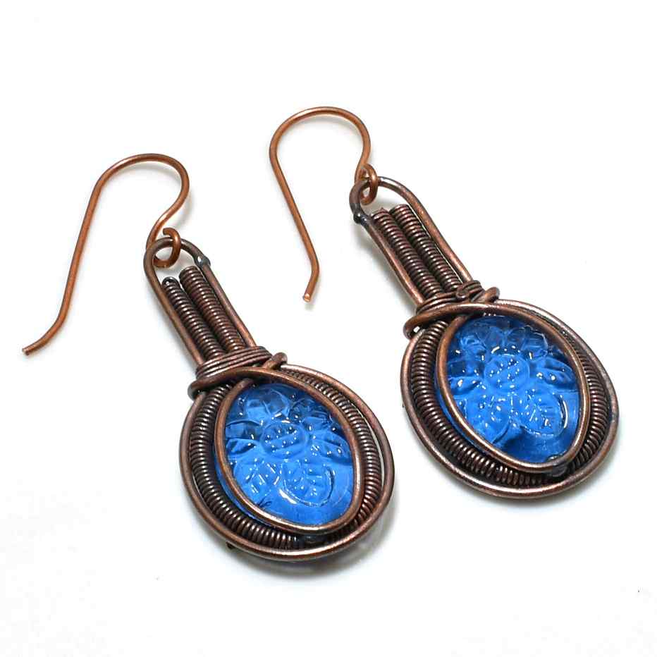 Blue Blossom – Oxidized Copper & Blue Glass Earrings
