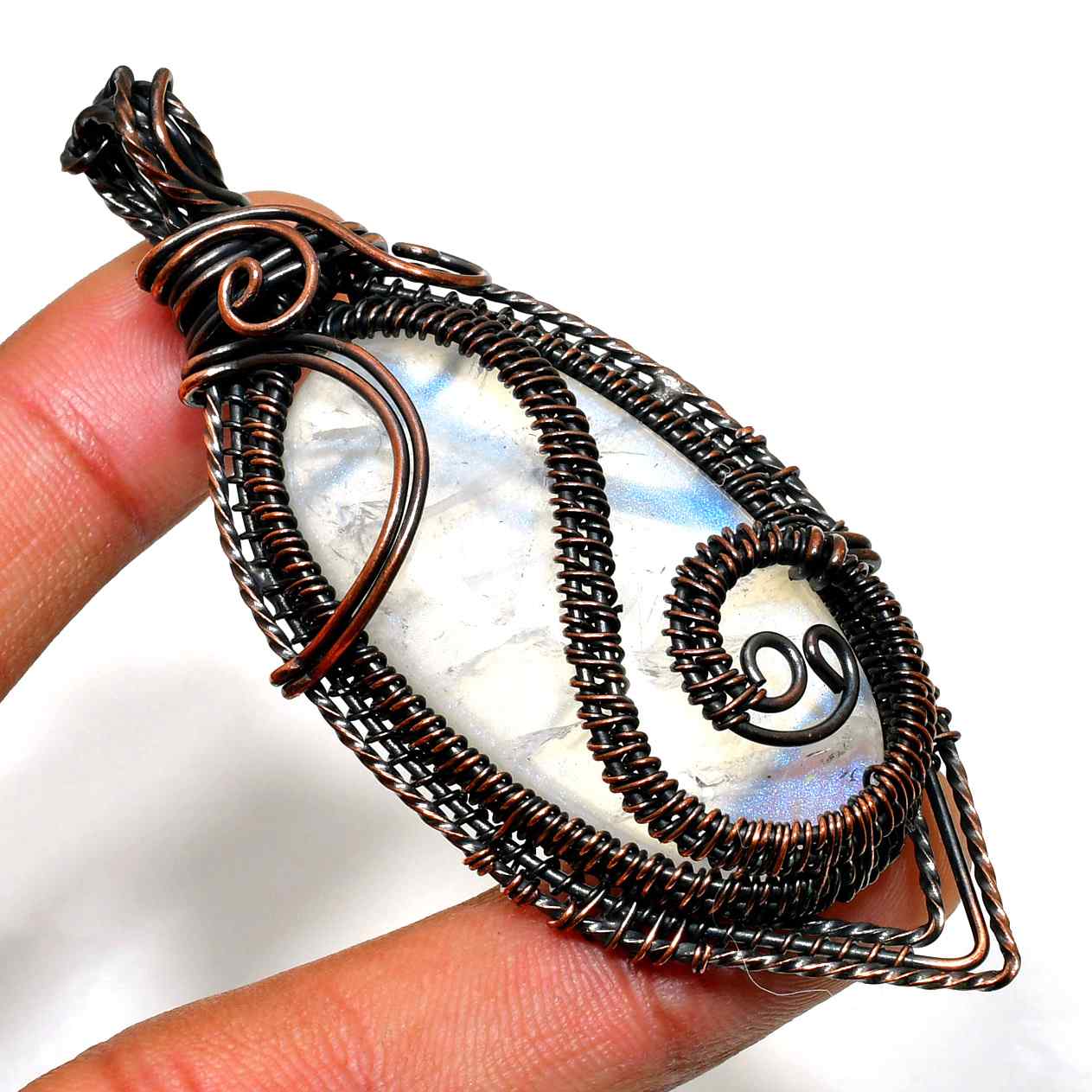 Luna’s Embrace – Oxidized Copper Moonstone Pendant