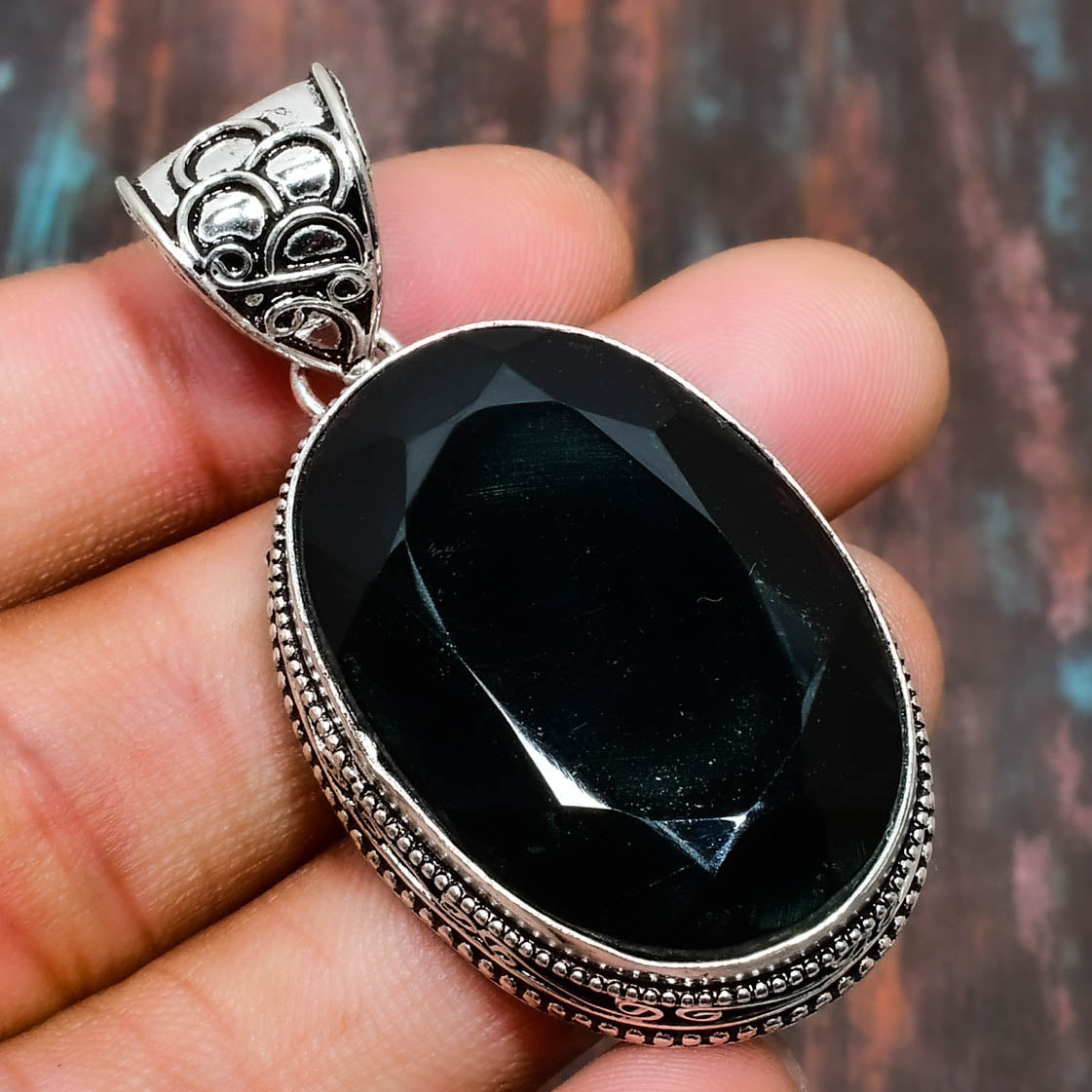 Obsidian Haven – Sterling Silver Filigree Pendant