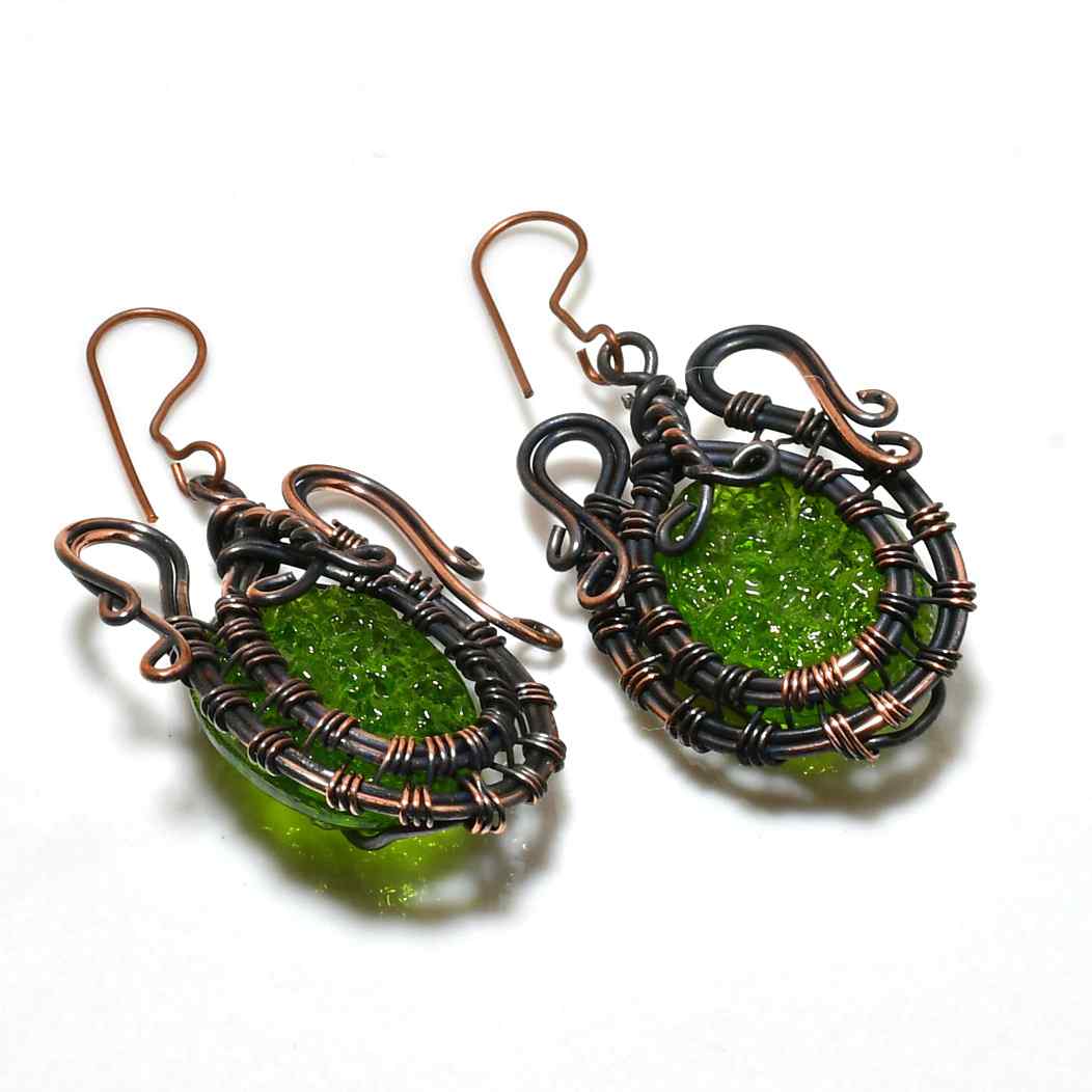 Verdant Muse – Green Glass & Oxidized Copper Earrings