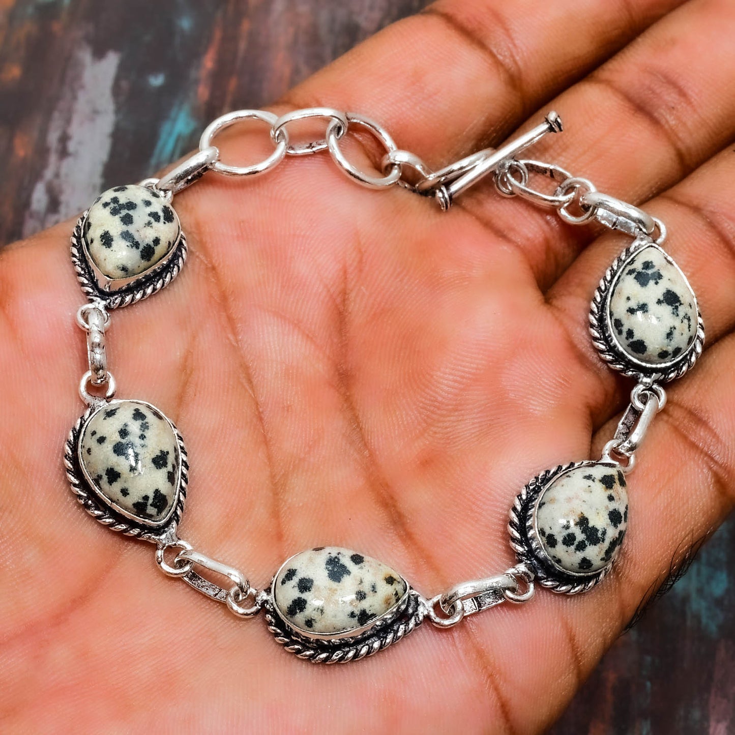 Dalmatian Whimsy – Silver Filigree Jasper Bracelet