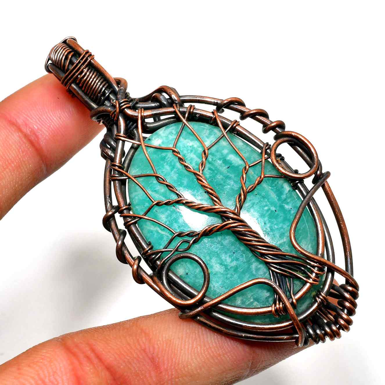Verdant Harmony – Copper-Wrapped Aventurine Tree of Life Pendant