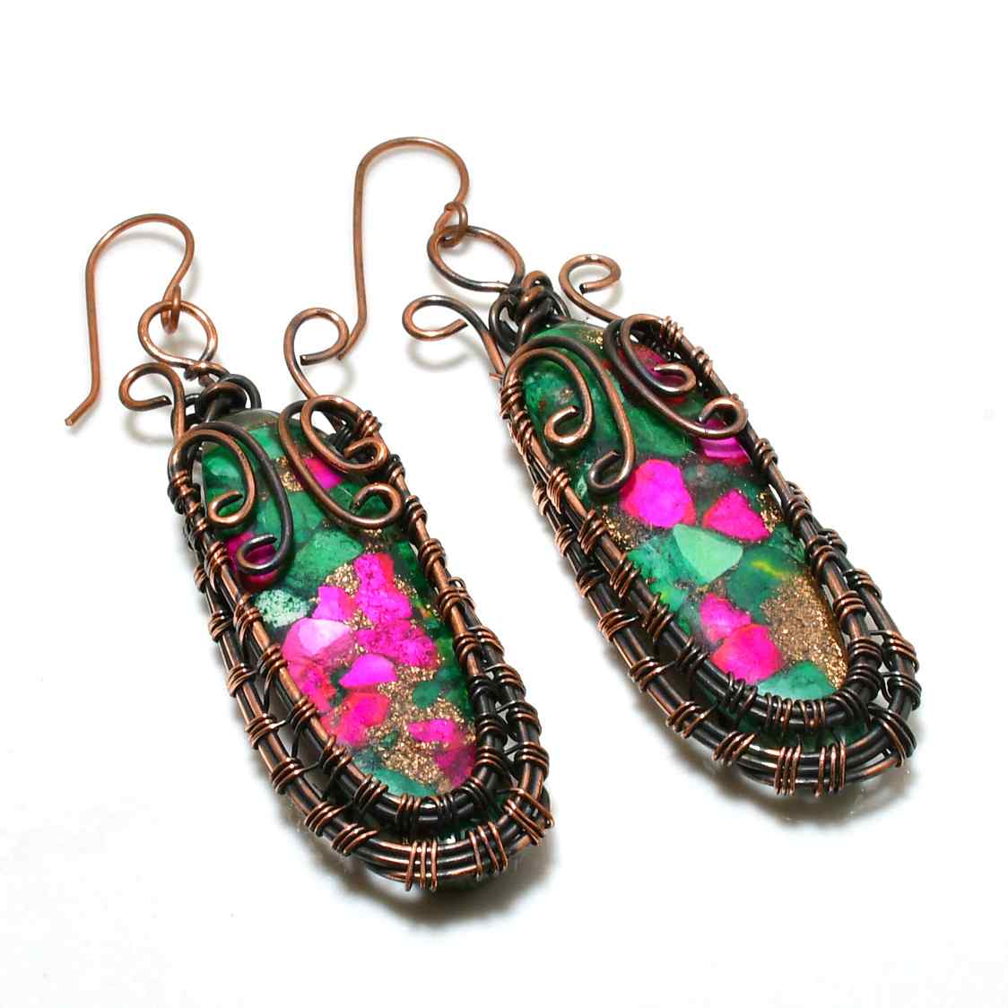 Floral Harmony – Copper-Wrapped Pink & Green Stone Earrings