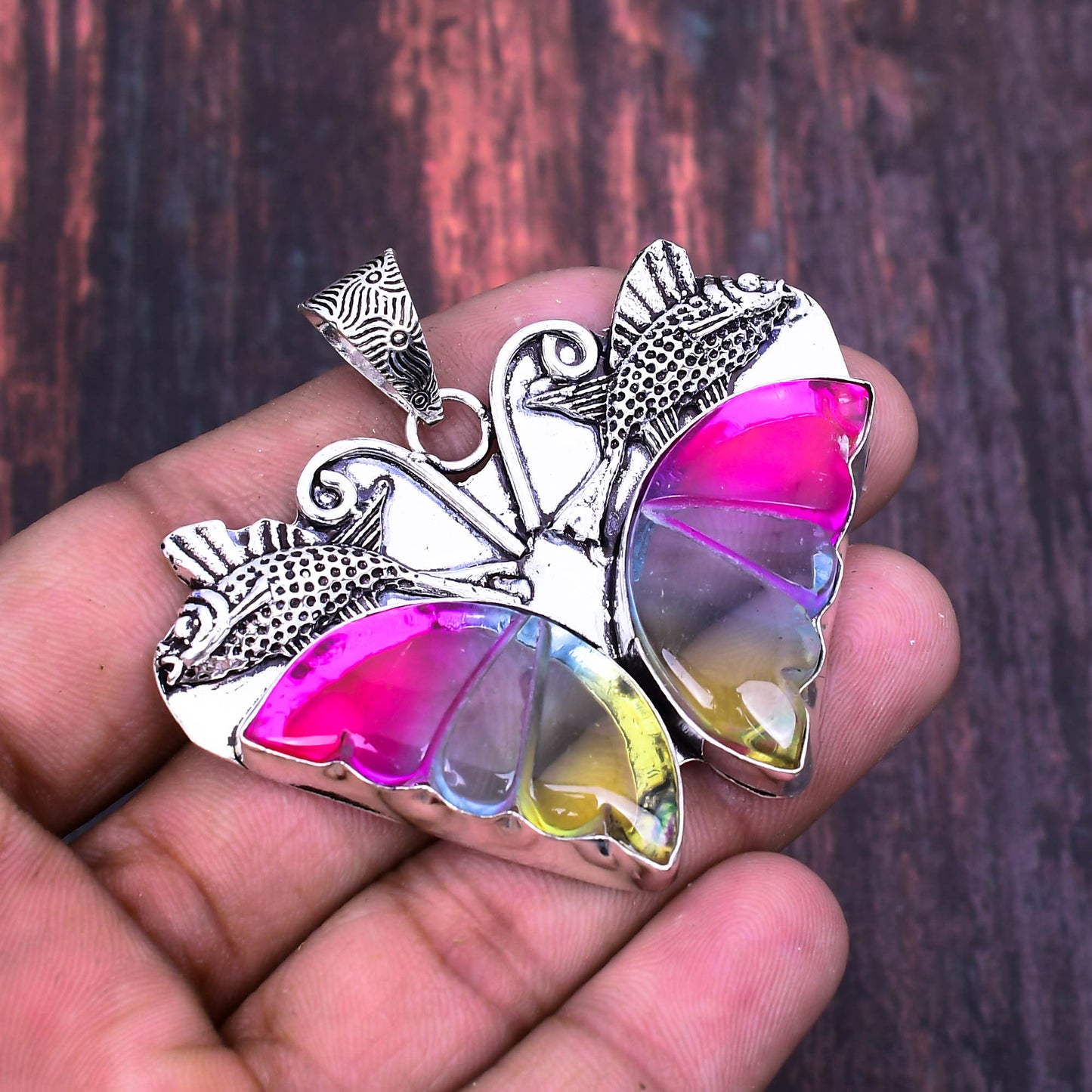 Fluttering Blossom – Vibrant Resin & Silver Butterfly Pendant