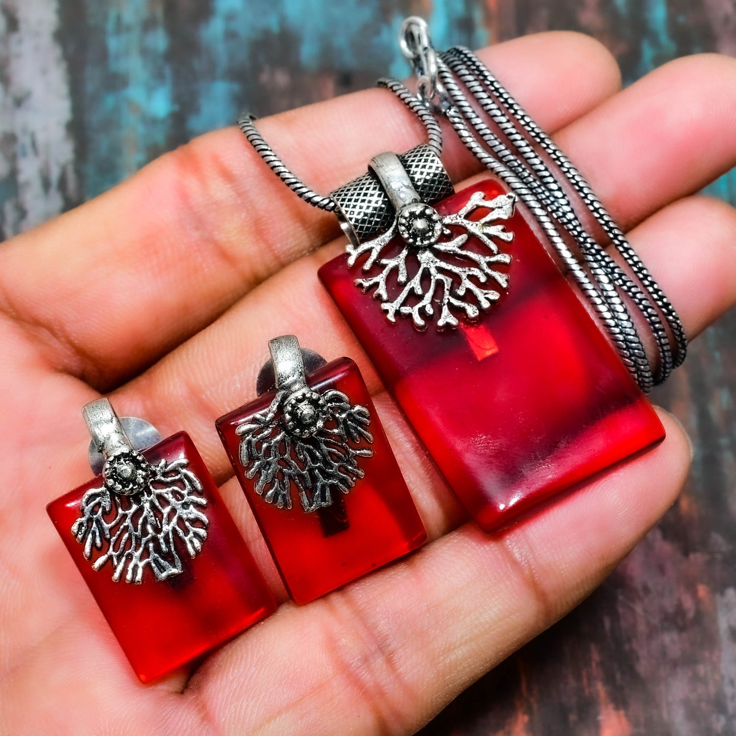 Ocean’s Heart – Ruby Coral Silver Trio