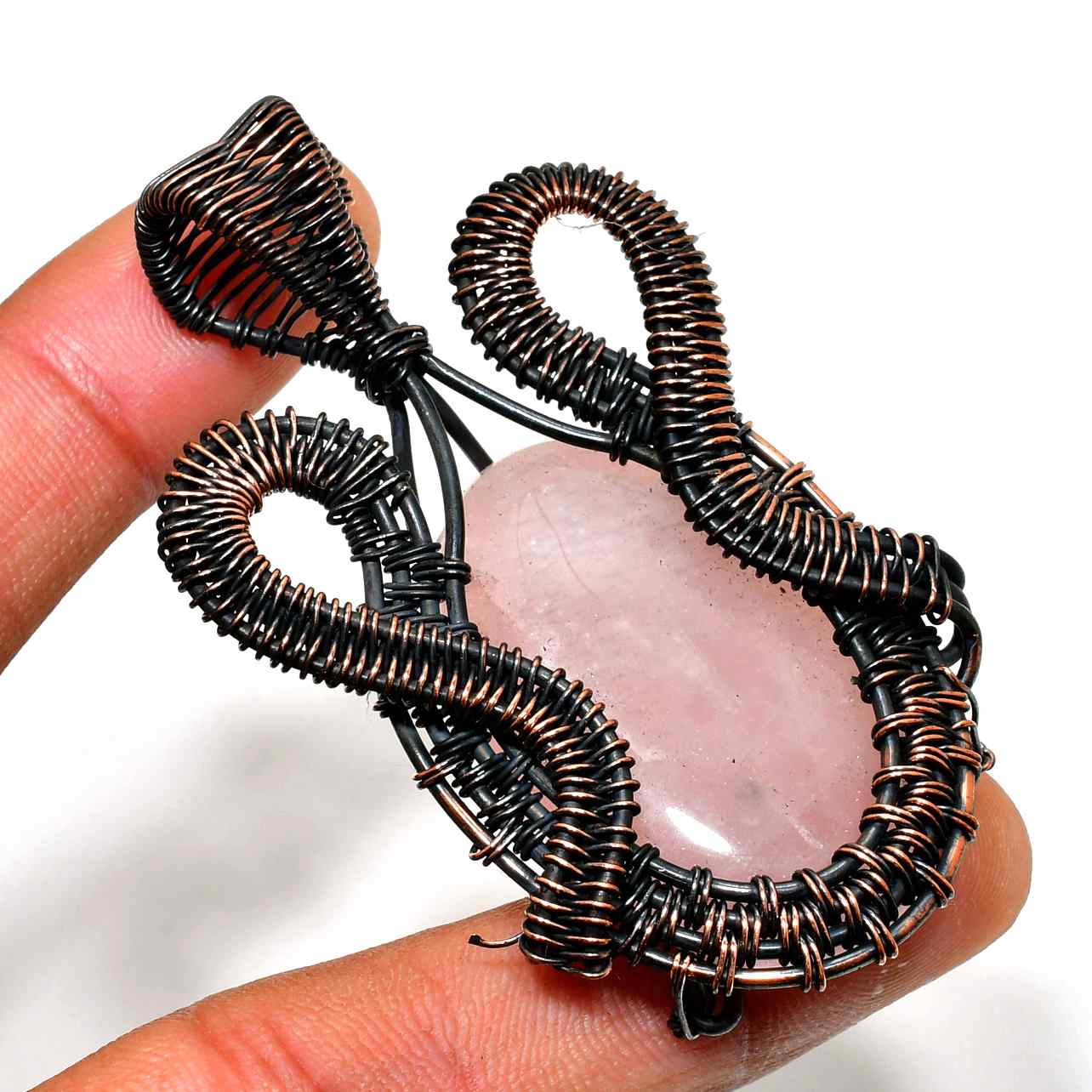 Rosy Embrace – Blackened Copper Rose Quartz Pendant