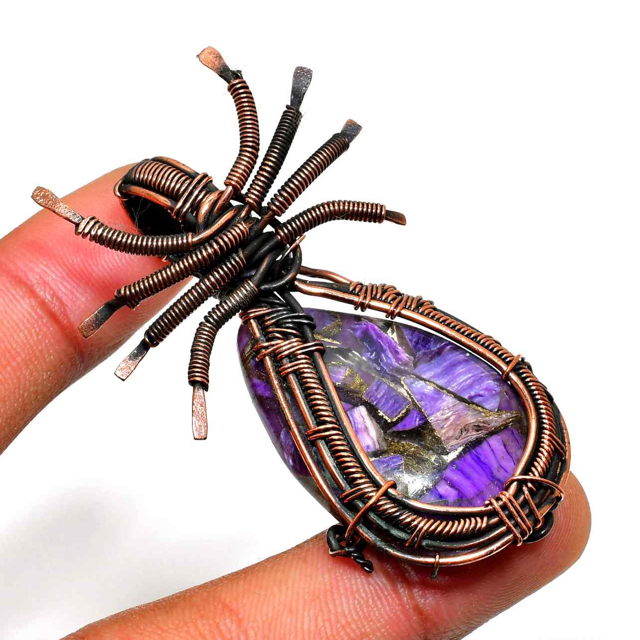 Spider’s Embrace – Copper-Wrapped Amethyst Pendant