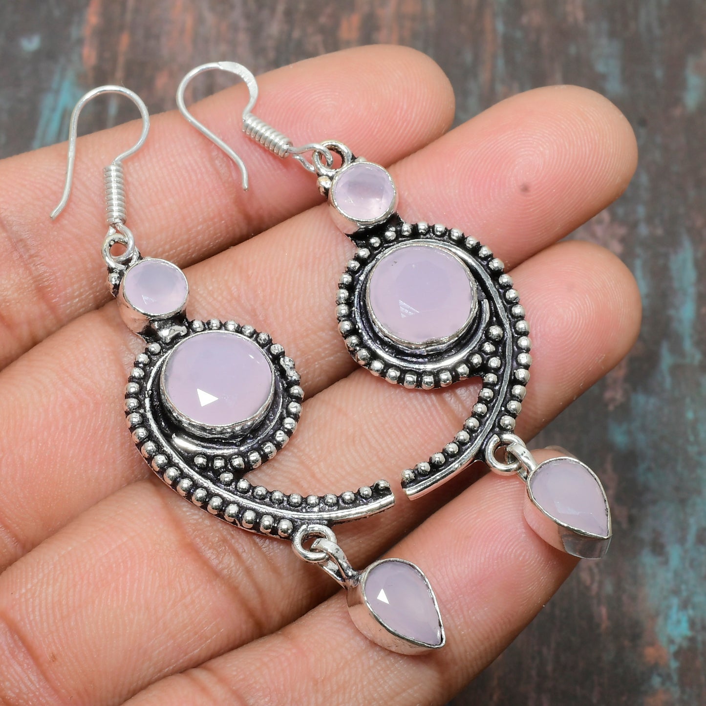 Moonlit Rose – Silver-Beaded Rose Quartz Earrings