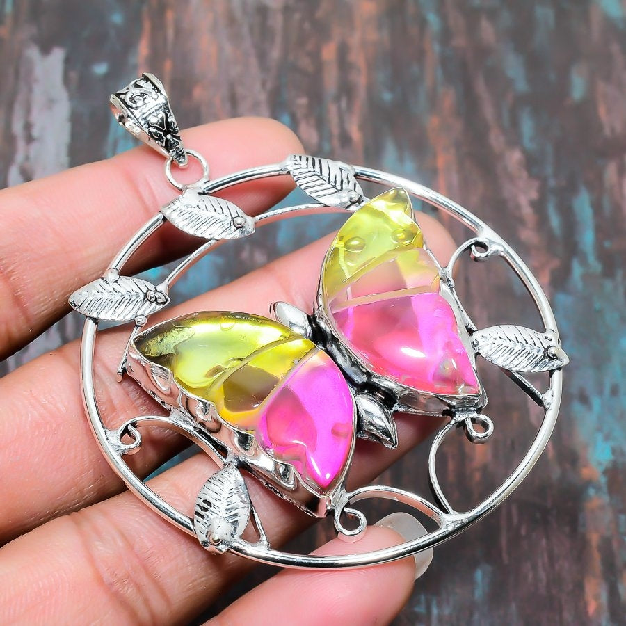 Fluttering Renewal – Pink & Yellow Quartz Butterfly Pendant