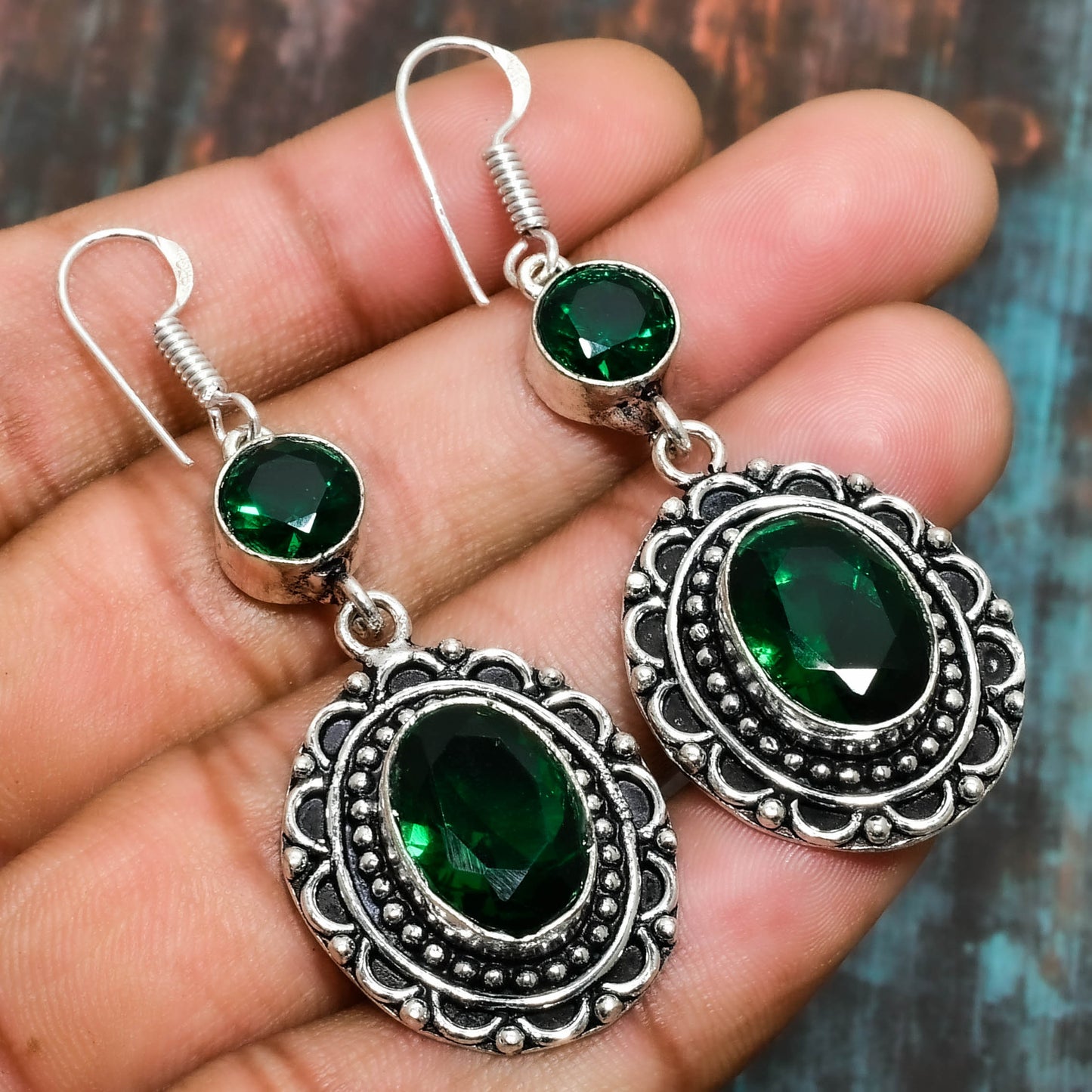Emerald Serenity – Silver Drop Earrings