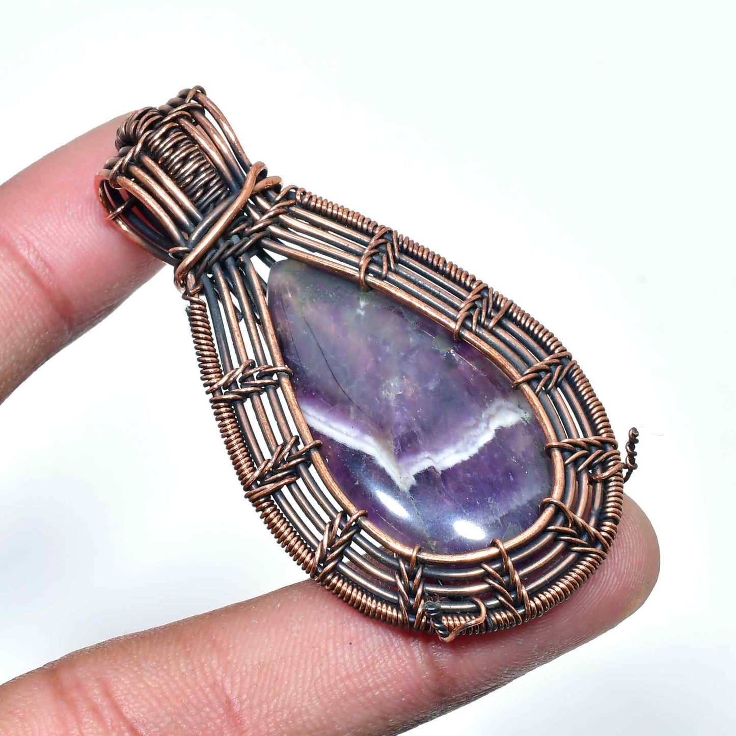 Ezra’s Veil – Handwrapped Amethyst Copper Pendant
