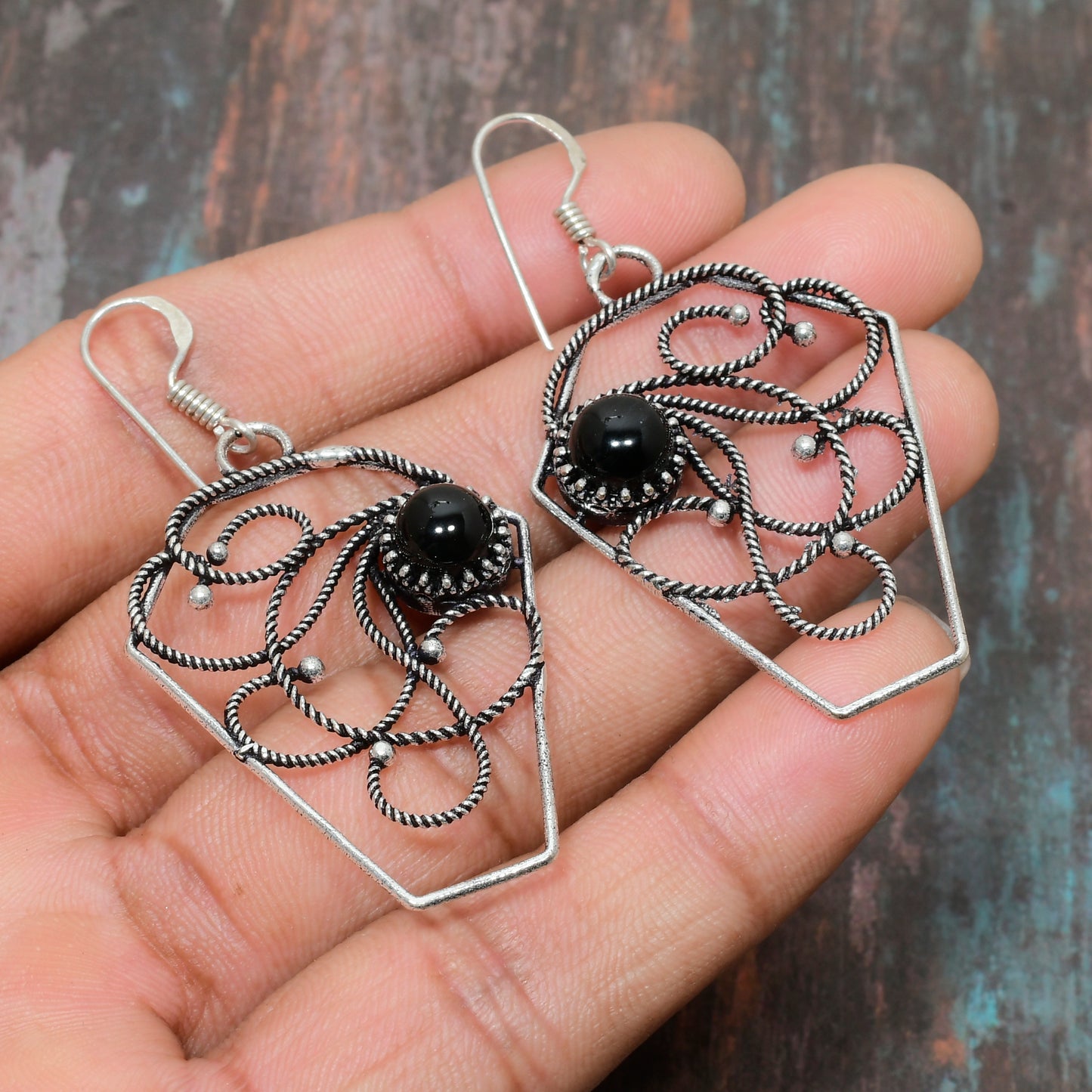 Shadow Embrace – Black Onyx & Silver Wire Earrings