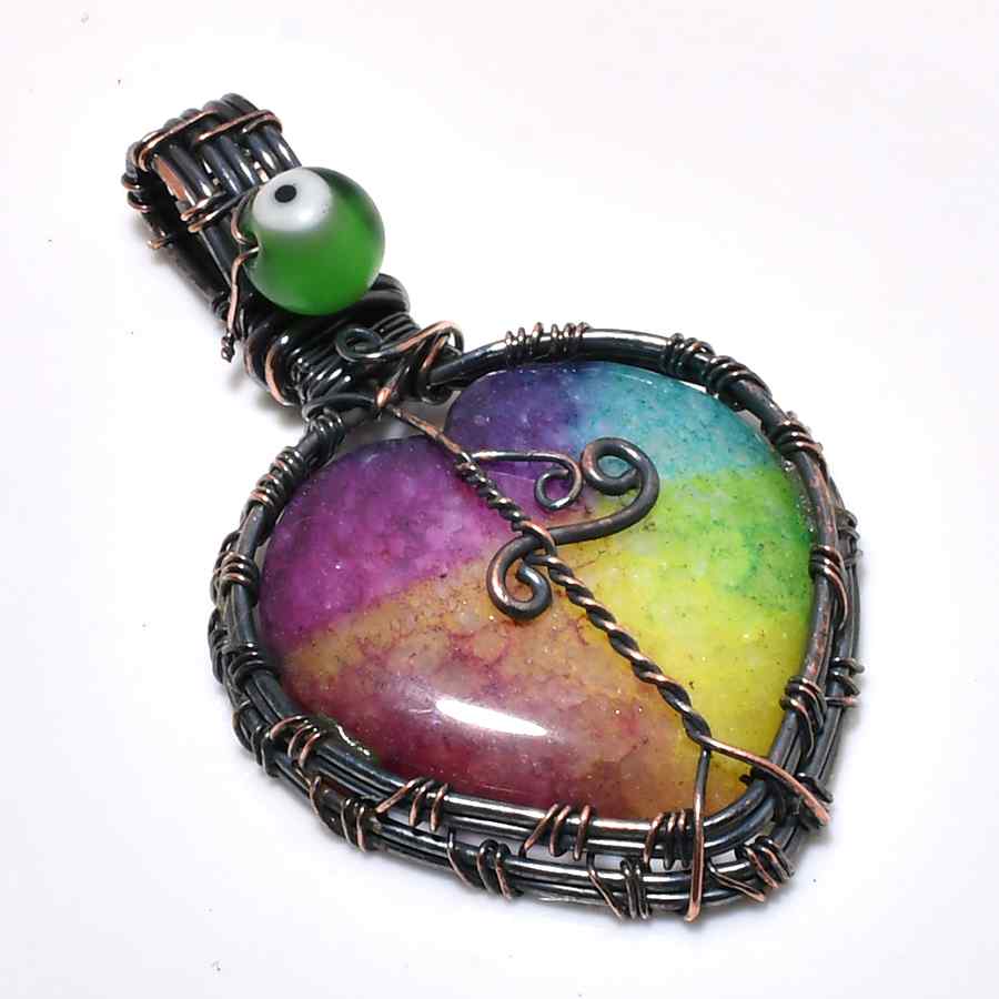 Heart’s Embrace – Rainbow Agate Copper Pendant