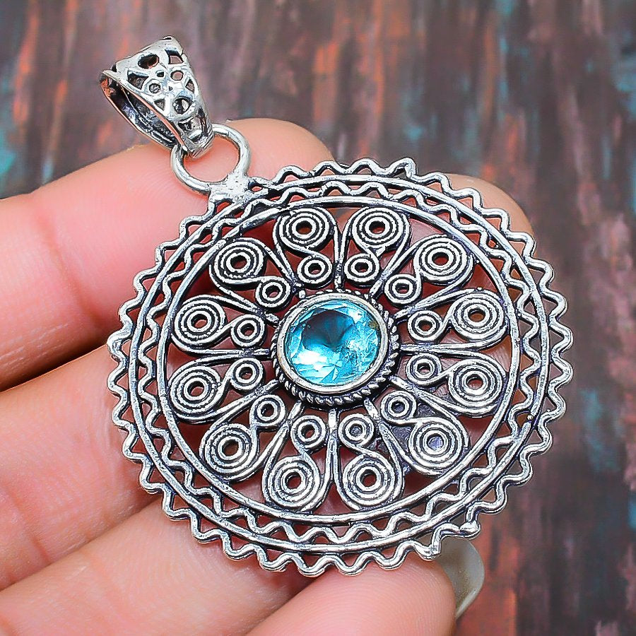 Serenity’s Embrace – Silver Mandala Blue Stone Pendant