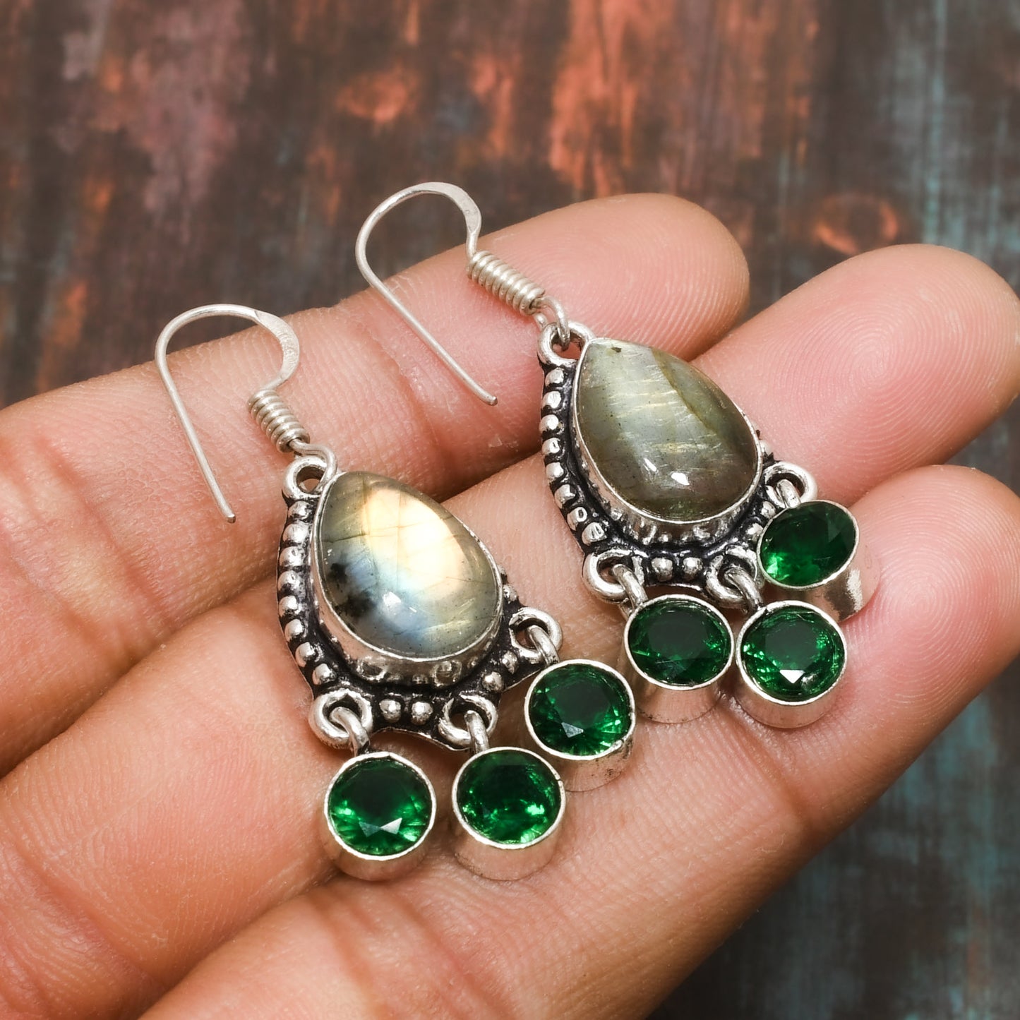 Mystic Grove – Labradorite & Green Crystal Earrings