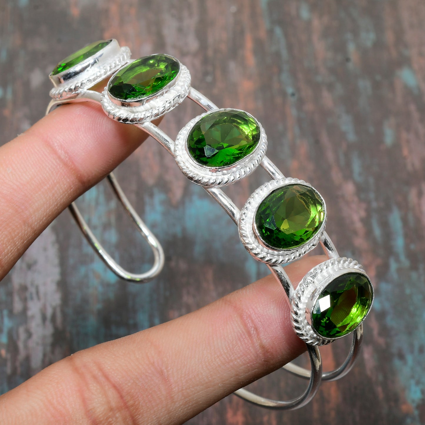 Verdant Harmony – Green Tourmaline Silver Cuff
