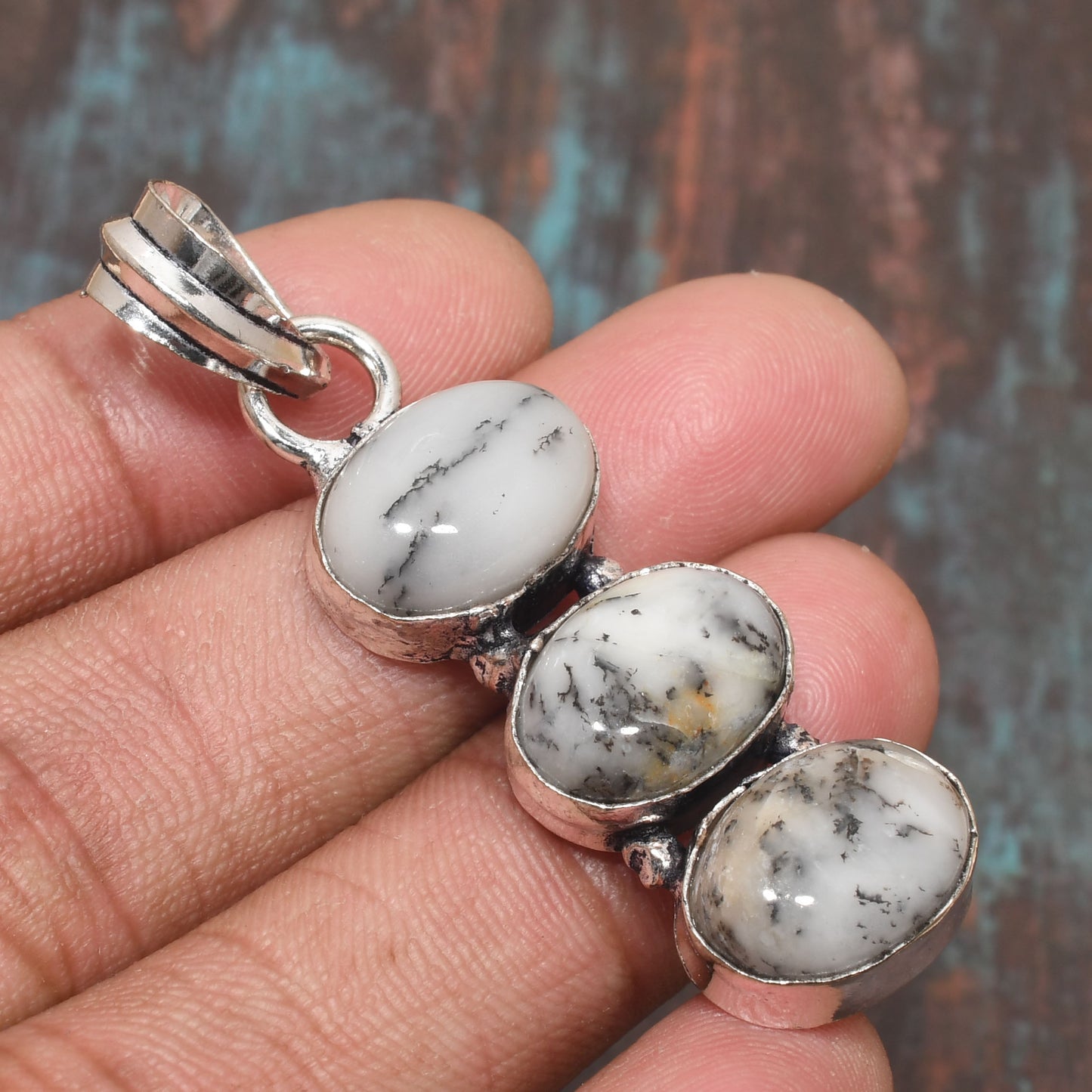 Moonlit Harmony – Tri-Stone Marble Silver Pendant