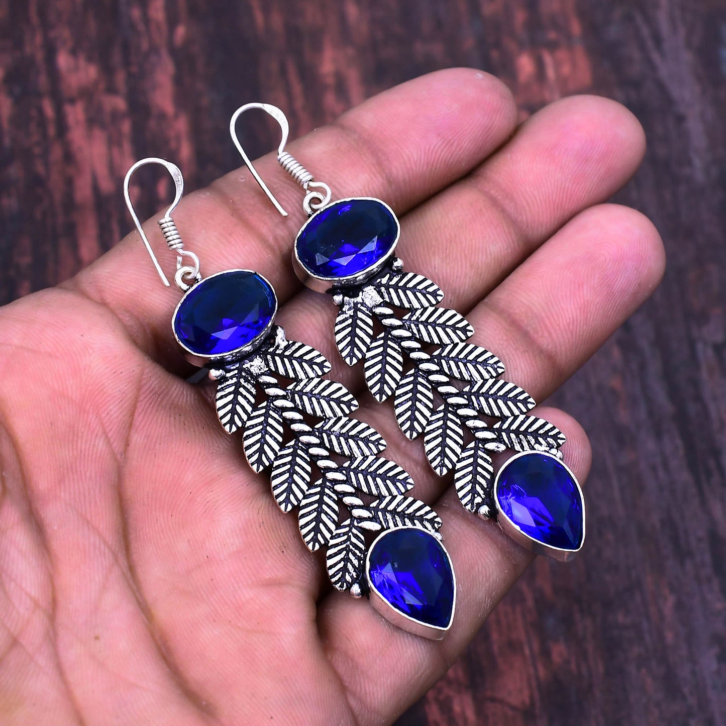 Azure Bloom – Silver Leaf Cabochon Earrings