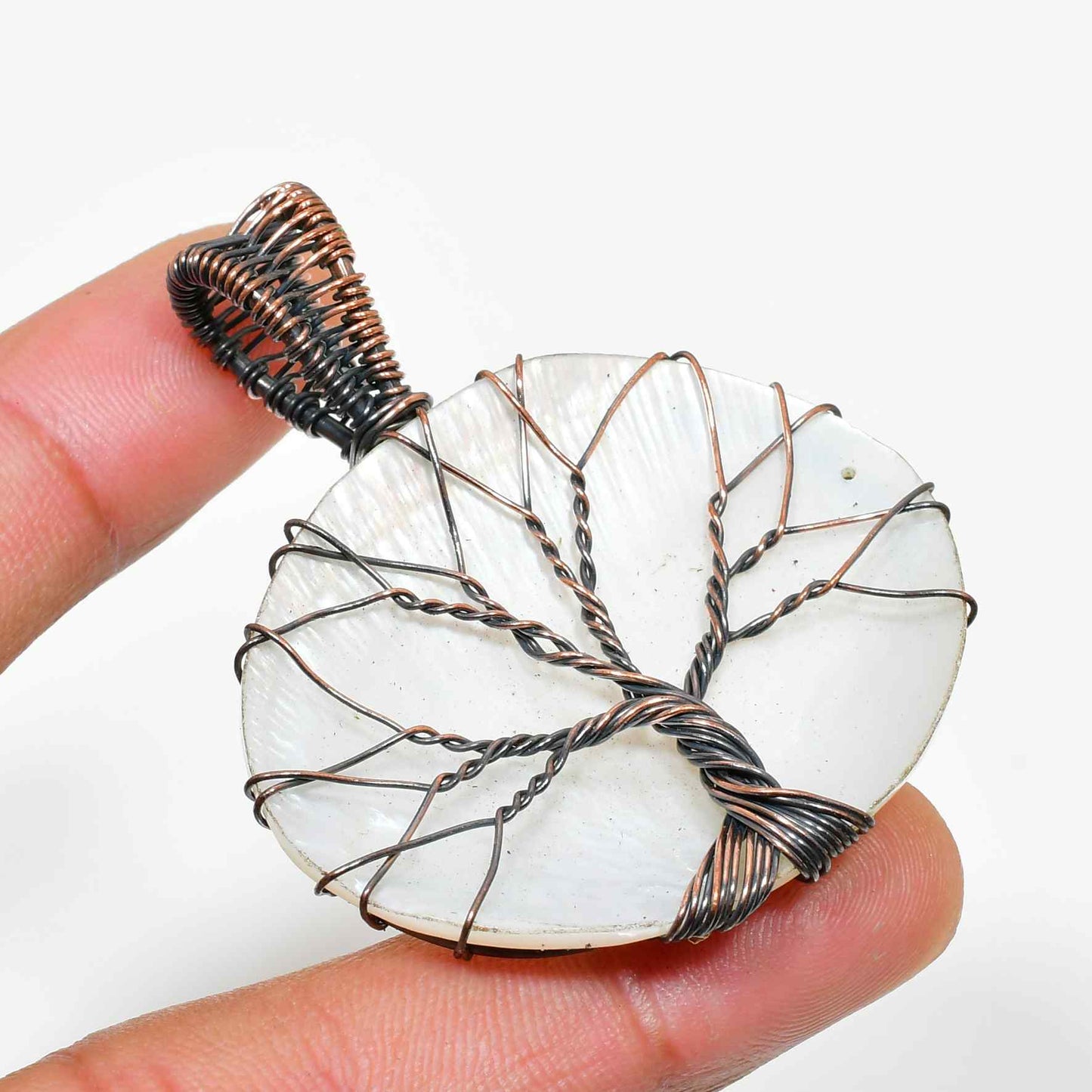 Gaia’s Embrace – White Shell Copper Tree Pendant