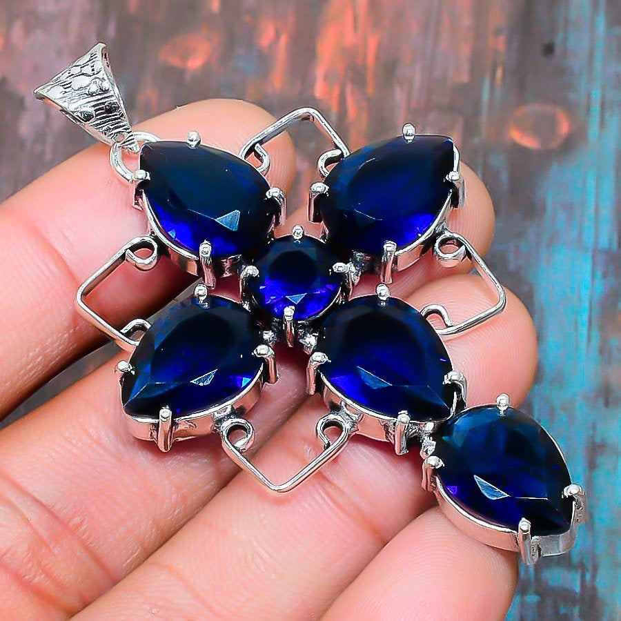 Azure Grace Cross – Sapphire & Silver Pendant