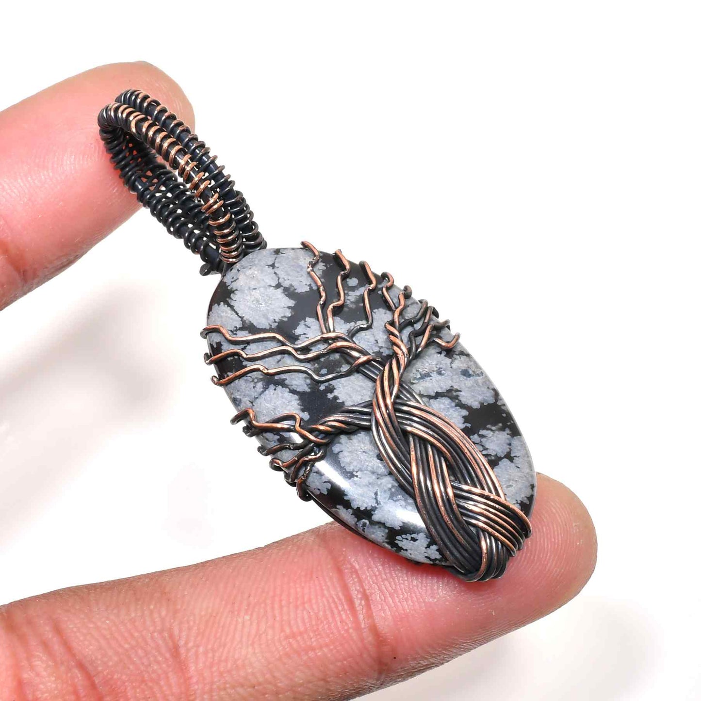 Ember’s Legacy – Snowflake Obsidian Copper Tree of Life Pendant