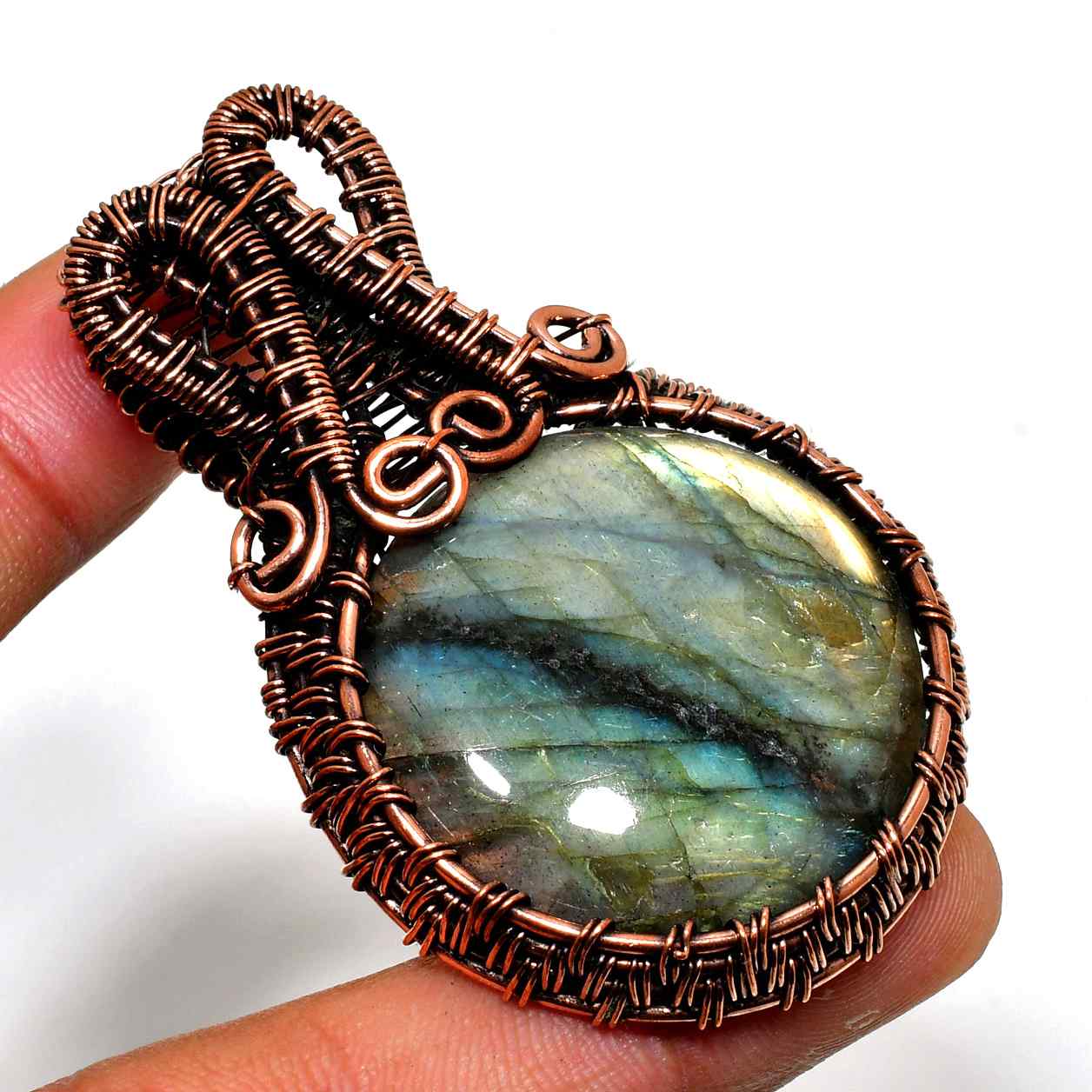 Soulfire – Copper-Wrapped Labradorite Pendant