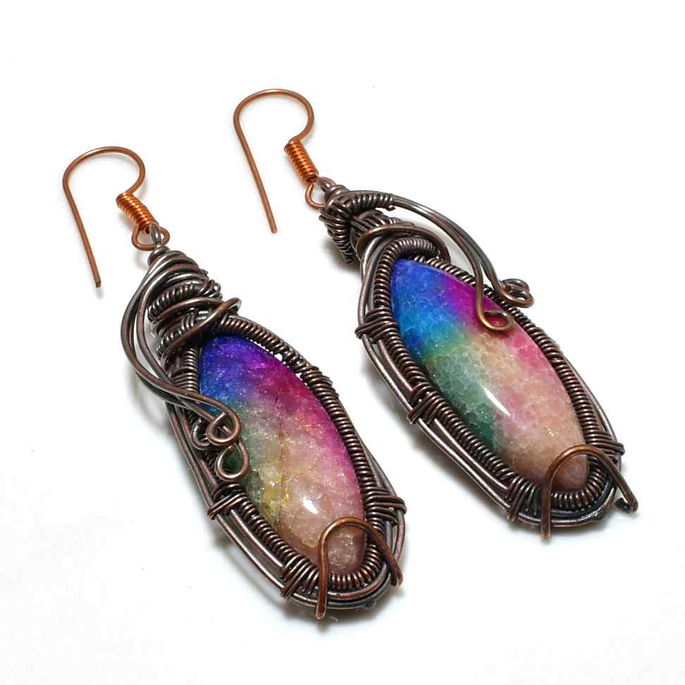 Aurora’s Glow – Rainbow Drusy Quartz Copper Earrings