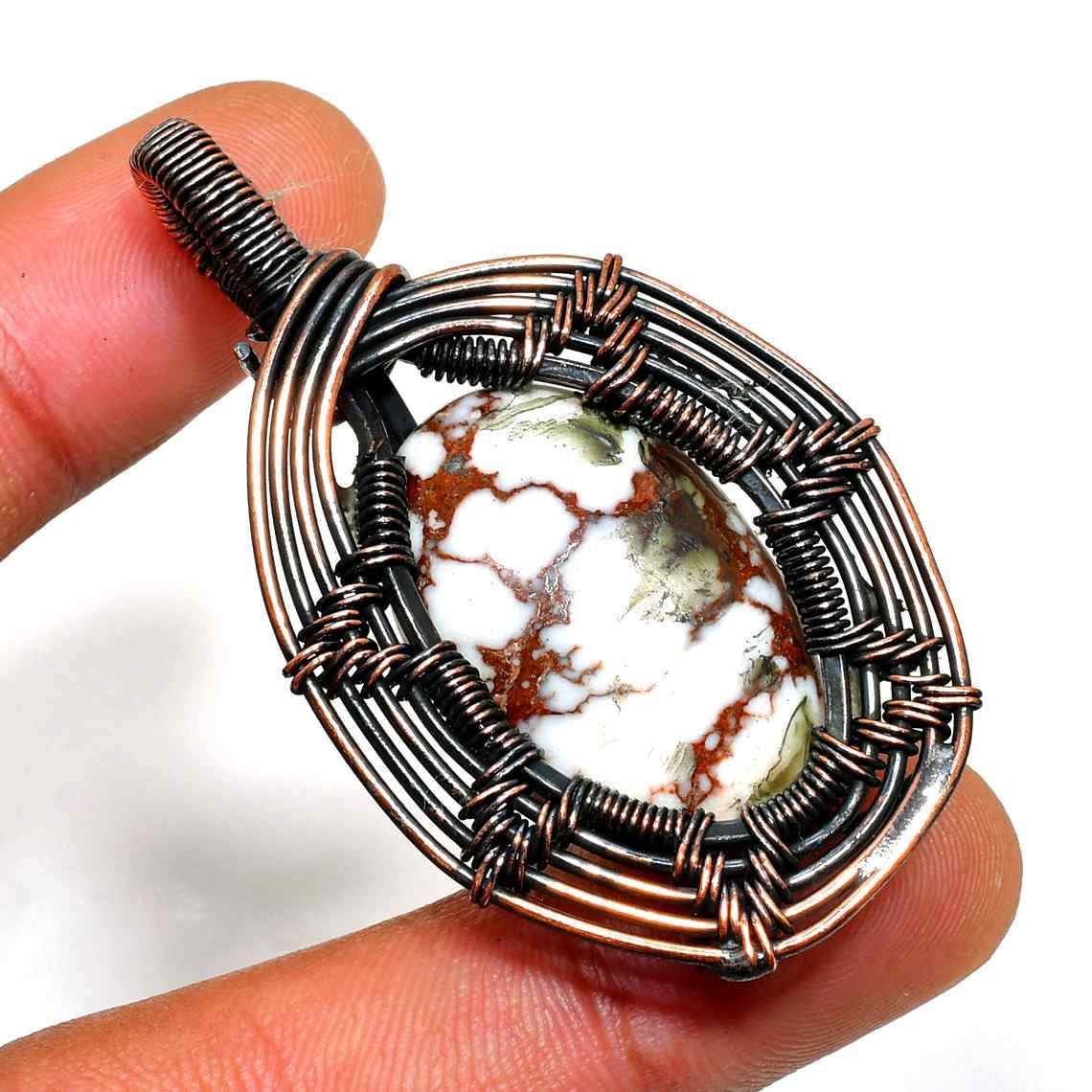 Ocean’s Embrace – Copper-Wrapped Red & White Gemstone Pendant