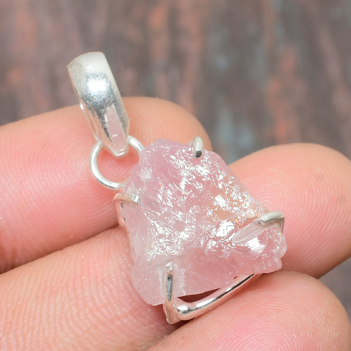 Serenity’s Embrace – Raw Rose Quartz Silver Pendant