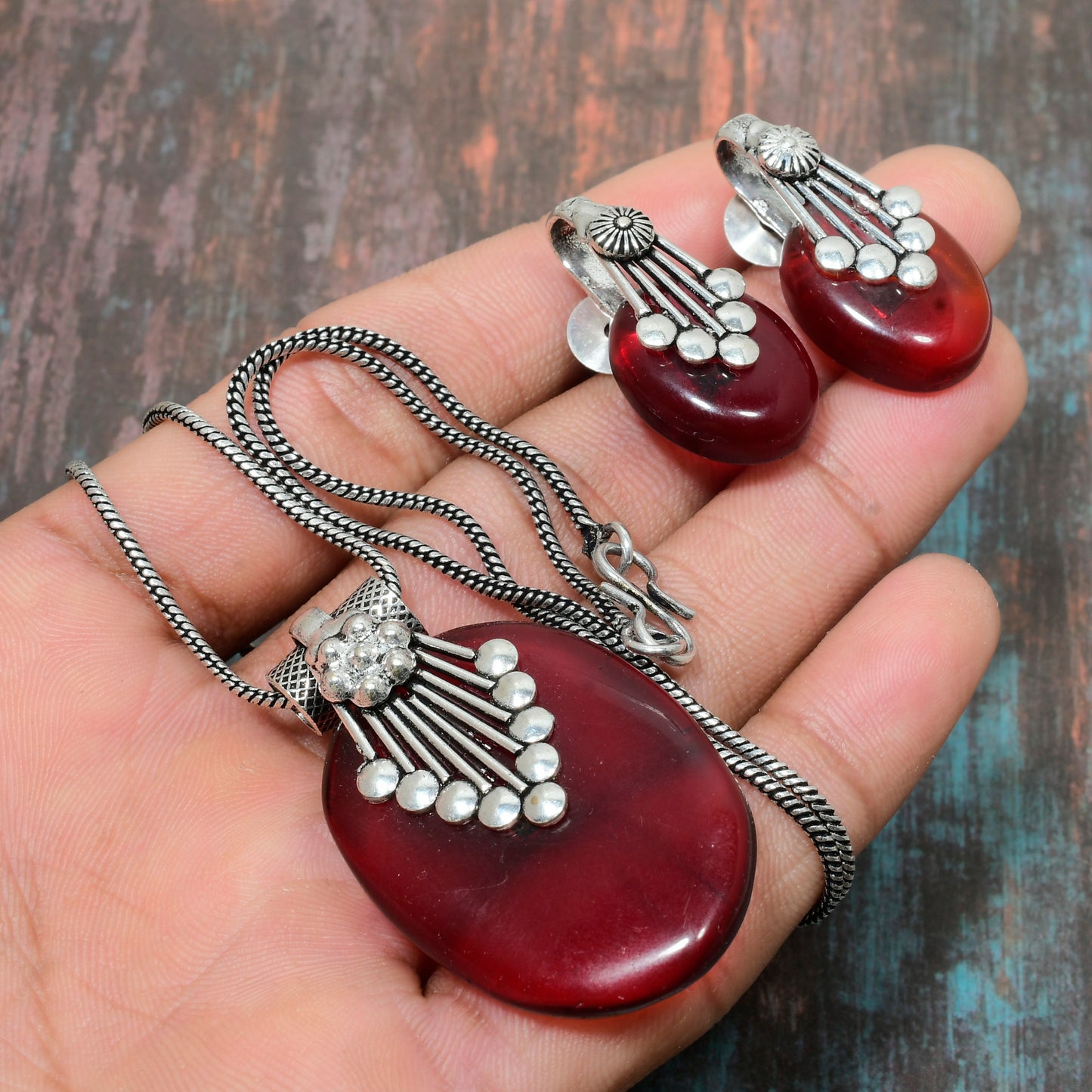 Crimson Radiance – Red Stone & Sterling Silver Set