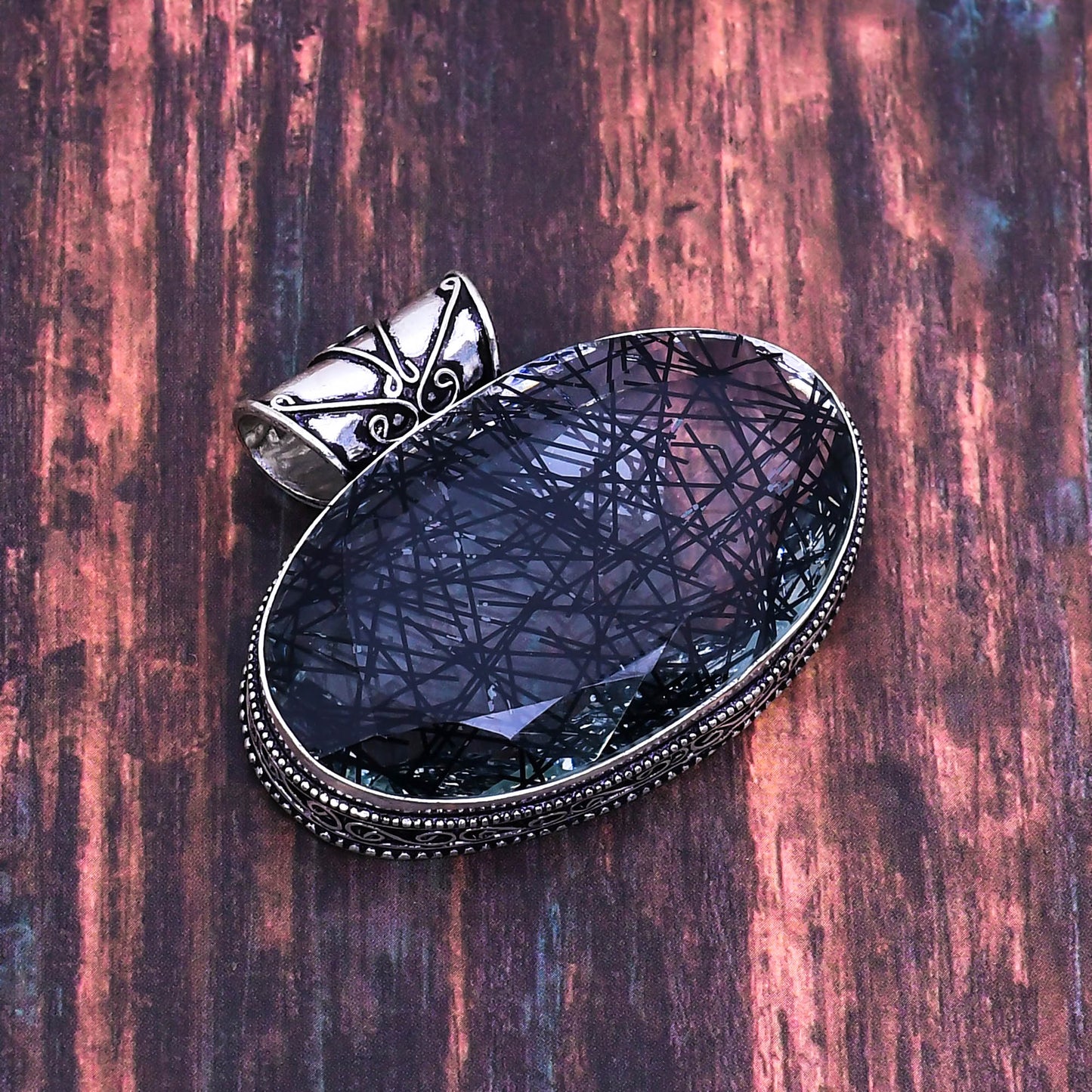 Eclipse Veil – Black Rutilated Quartz & Silver Pendant