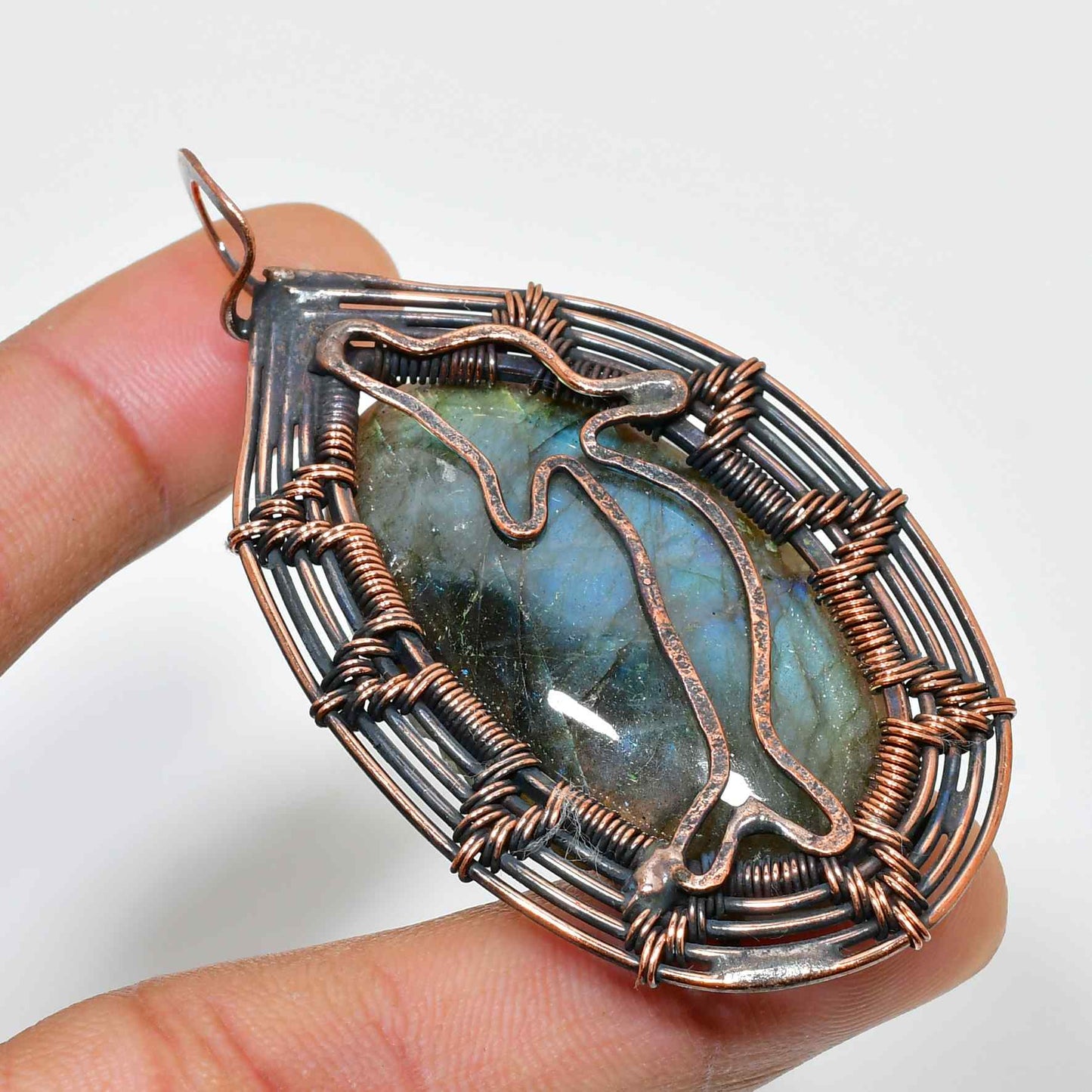 Labradorite Embrace – Oxidized Copper Wrapped Pendant