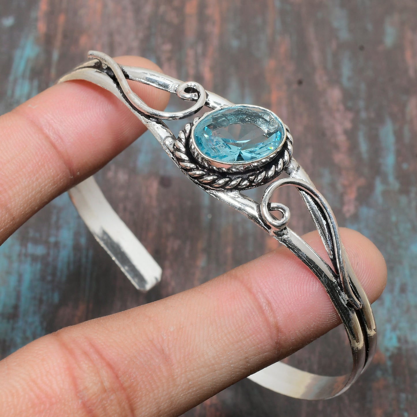 Aqua Reverie – Sterling Silver Blue Topaz Cuff Bracelet