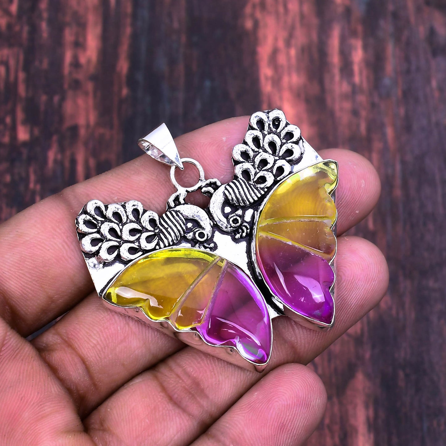 Butterfly Bliss – Yellow & Pink Resin Sterling Silver Pendant