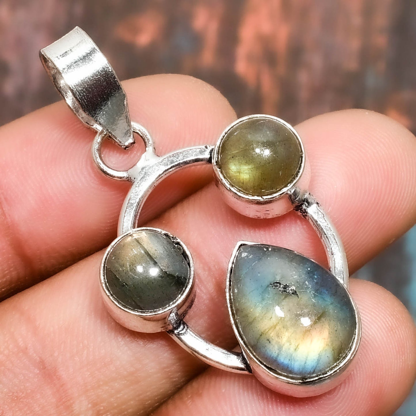Elysian Trio – Labradorite & Green Gemstone Sterling Silver Pendant