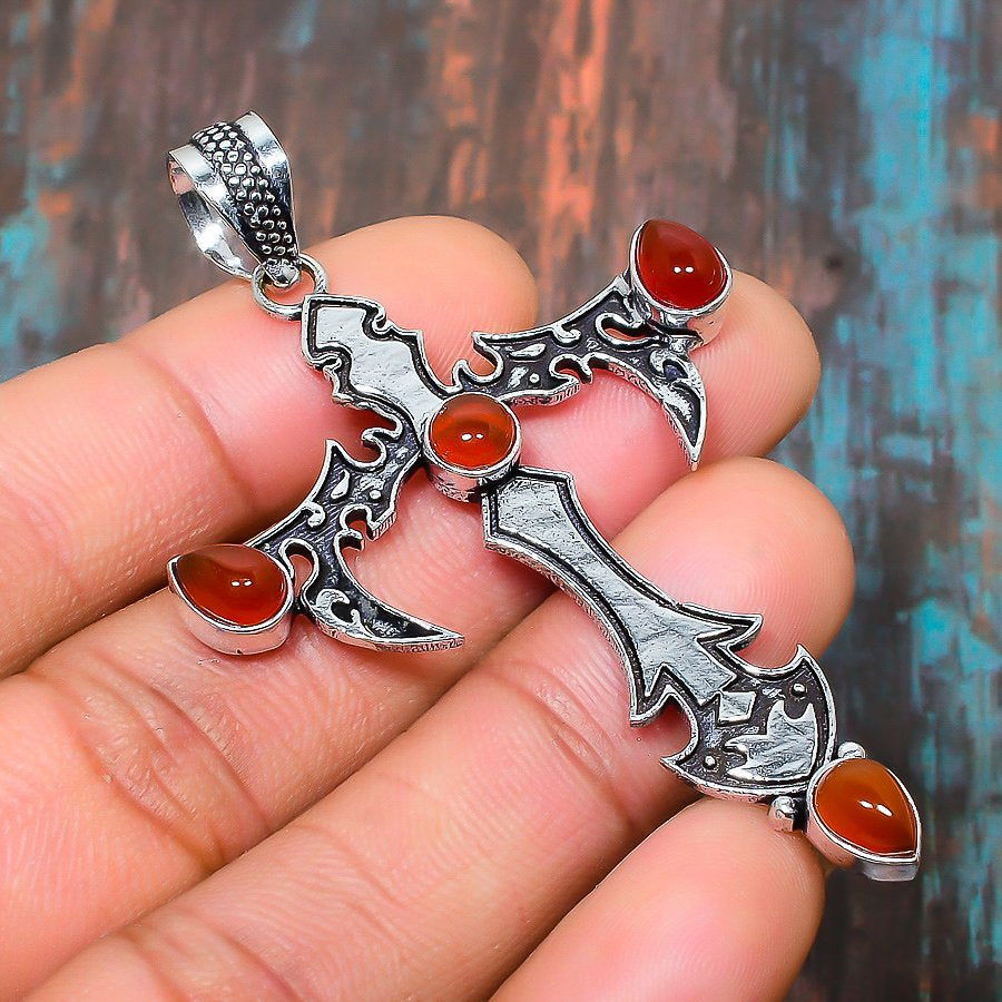 Cross of Valor – Carnelian Silver Pendant