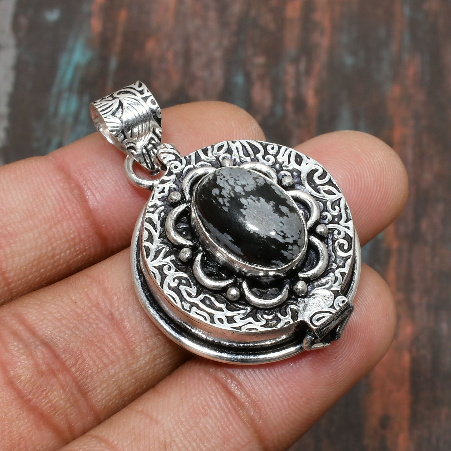 Obsidian Blossom – Silver Shield Pendant