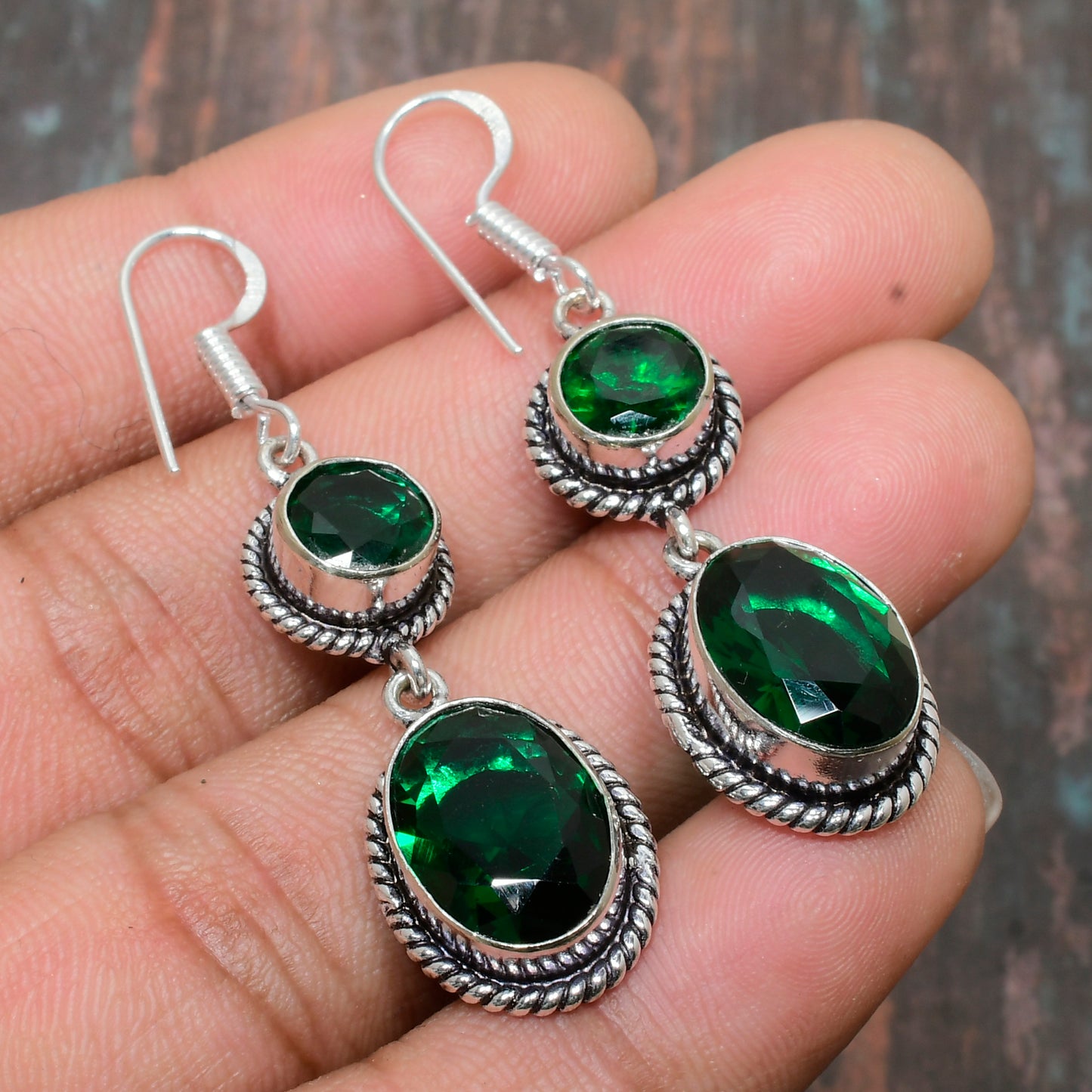 Emerald Embrace – Sterling Silver Filigree Earrings