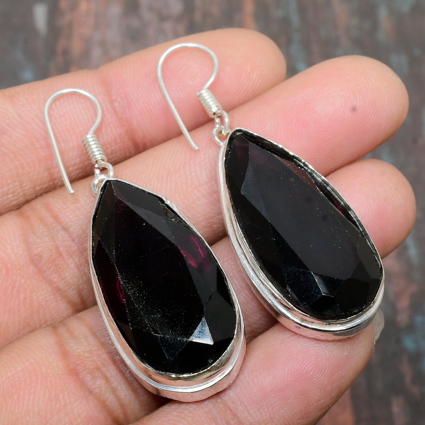 Midnight Sentinel – Black Garnet Silver Earrings
