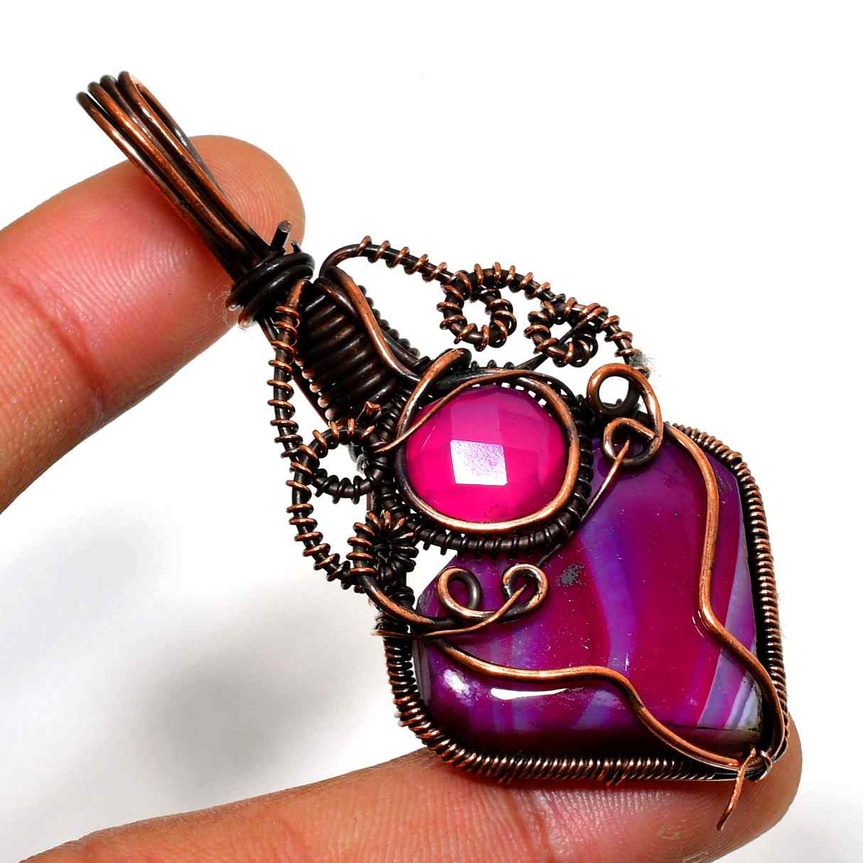 Rosefire Heart – Pink Agate Copper Pendant