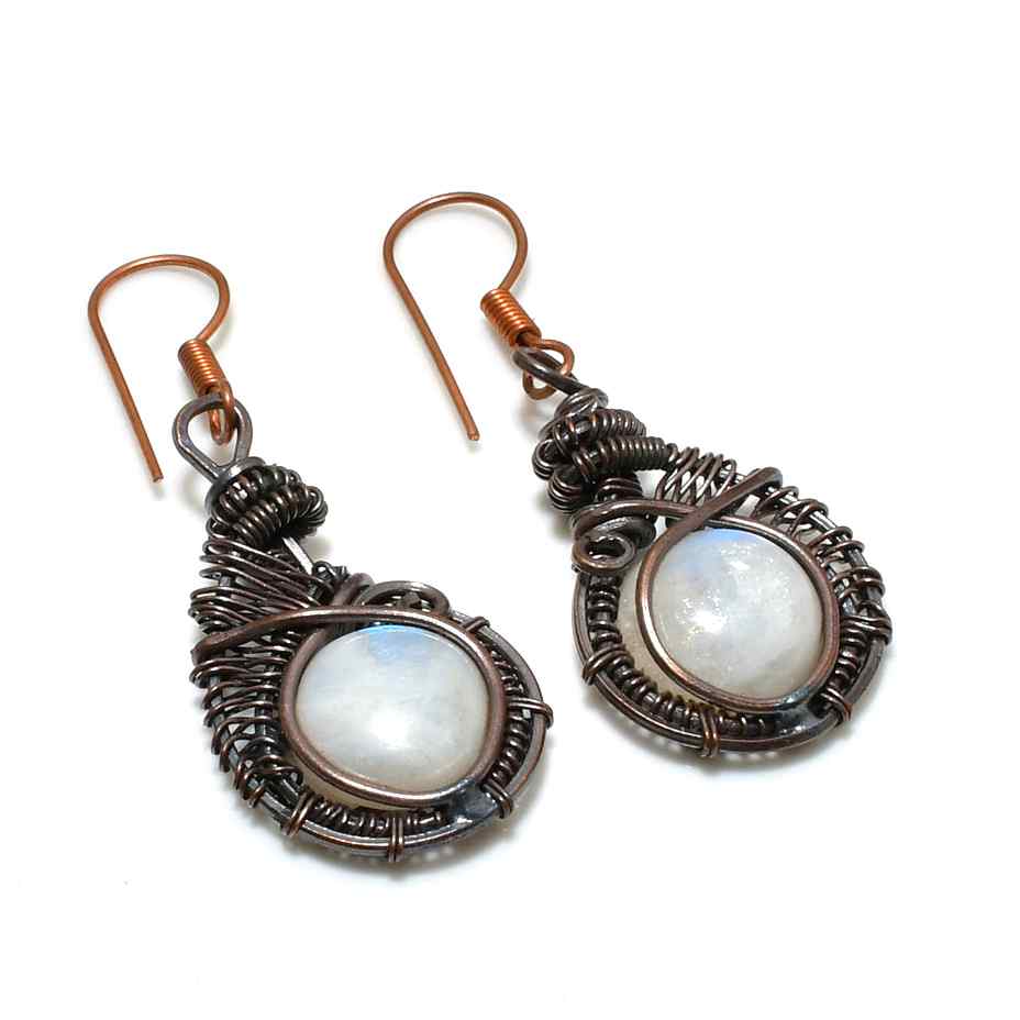 Luna’s Embrace – Oxidized Copper Moonstone Earrings