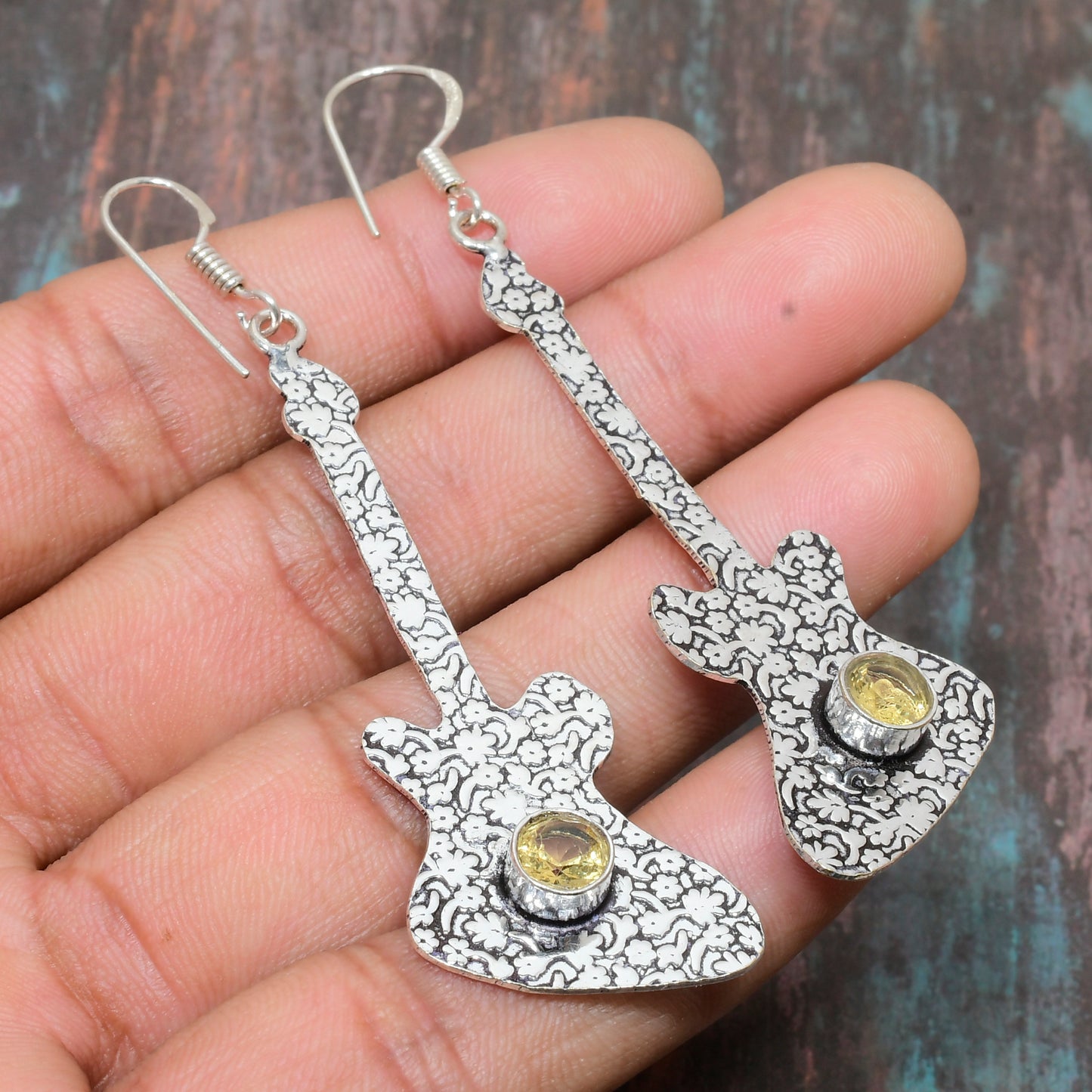 Sunburst Strings – Silver Guitar Earrings