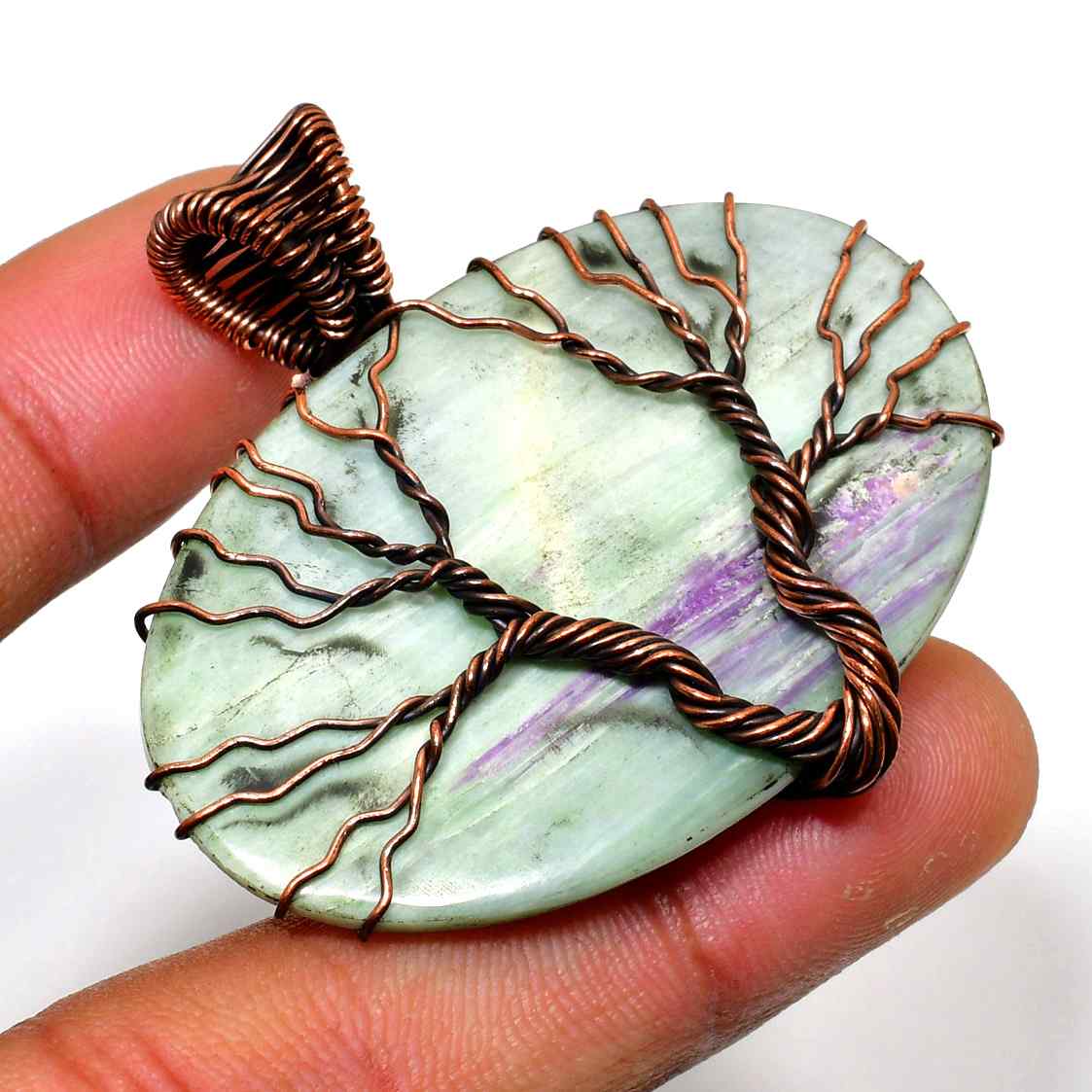 Willow’s Serenity – Green Lavender Fluorite & Copper Pendant