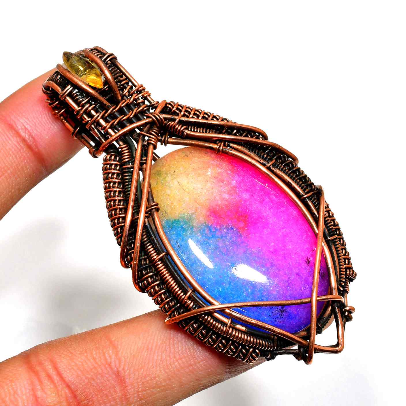 Harmony’s Embrace – Rainbow Quartz Copper Pendant