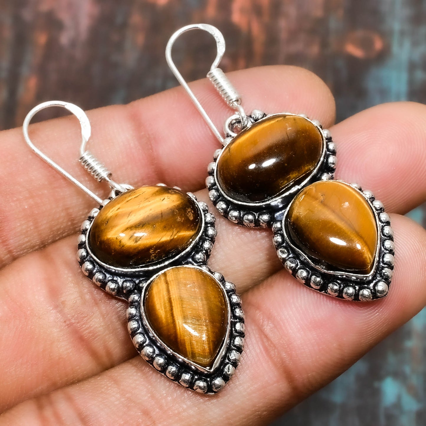 Golden Courage – Antique Silver Tiger’s Eye Earrings