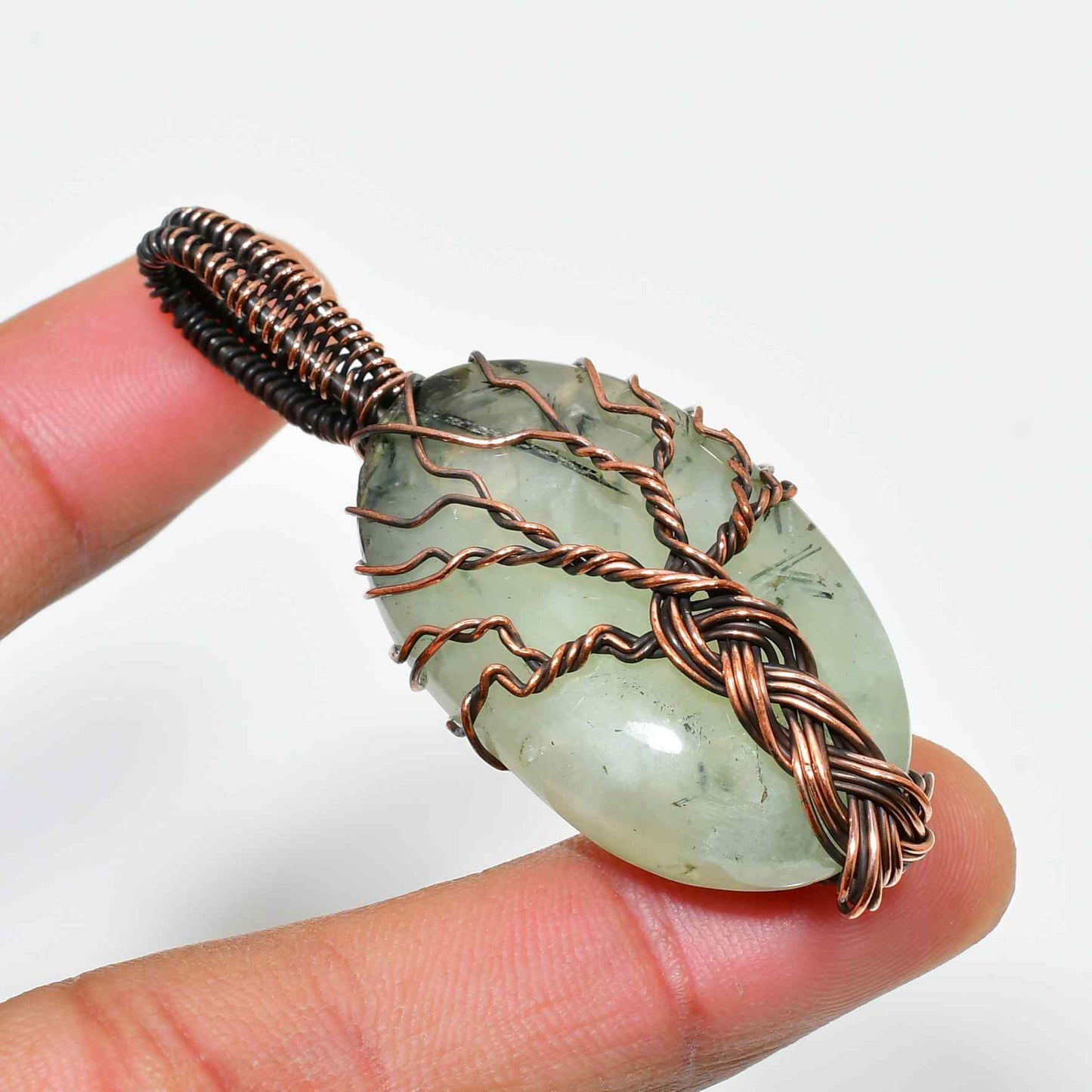 Ember’s Heart – Copper-Wrapped Green Quartz Pendant