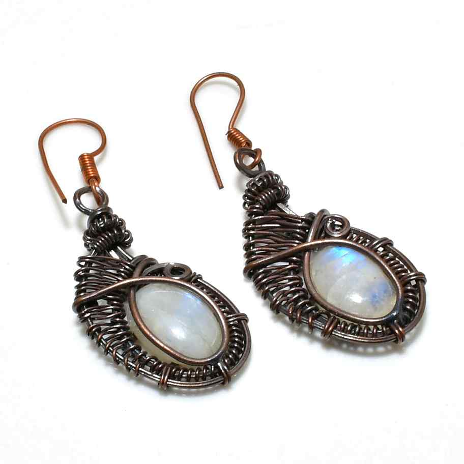 Luna’s Embrace – Oxidized Copper Moonstone Earrings